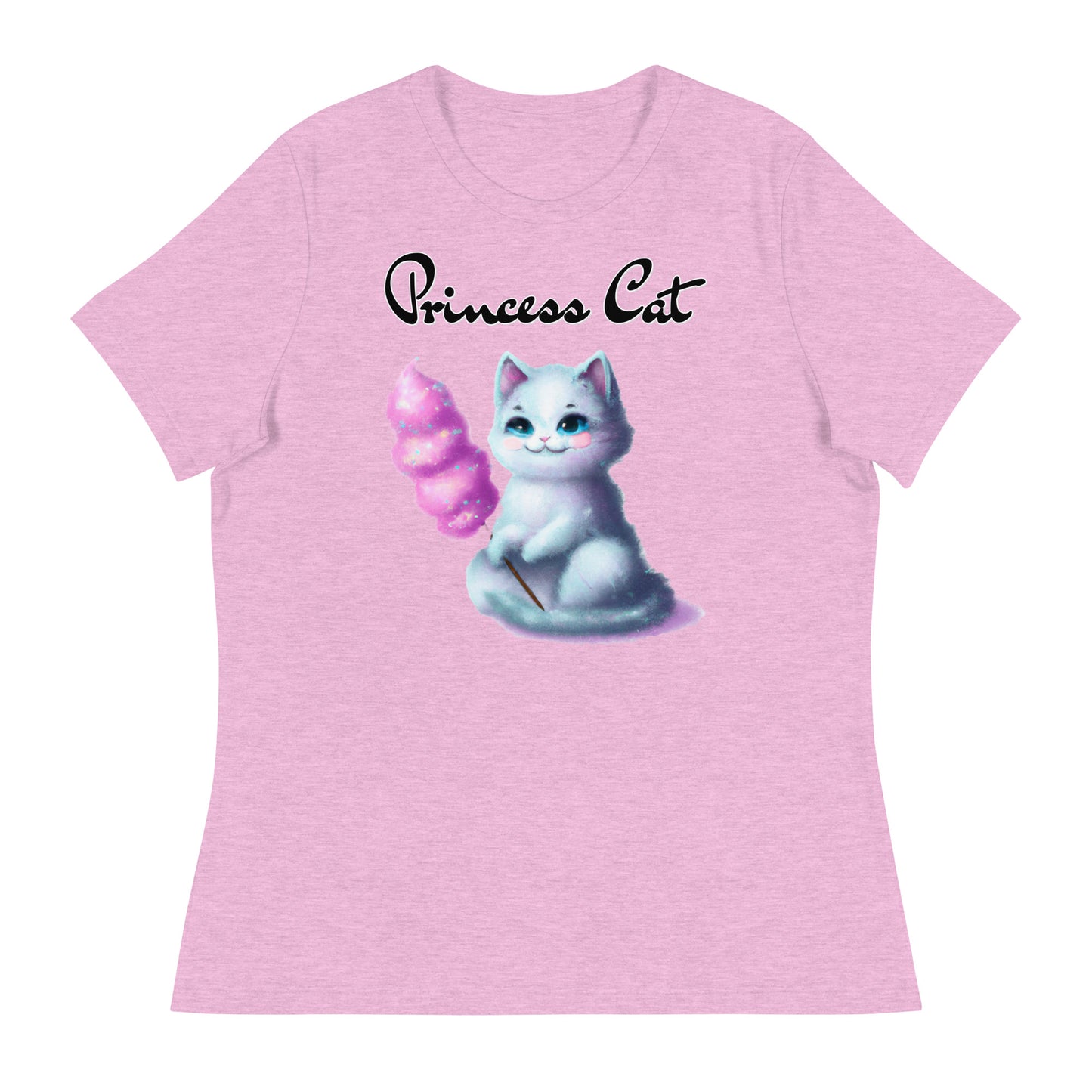 Women's T-Shirt with Kitten Holding A Cotton Candy with a text "Princess Cat" at $25.97 found at Personalizedpetlovergifts