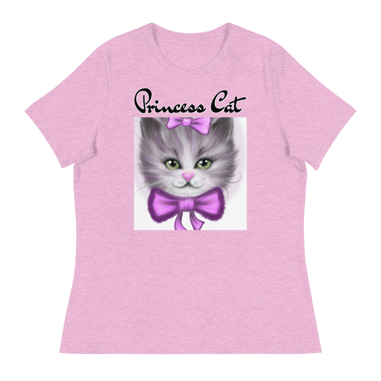 Women's T-Shirt with Happy Kitten With a Purple Bow with a text "Princess Cat" at $25.97 found at Personalizedpetlovergifts