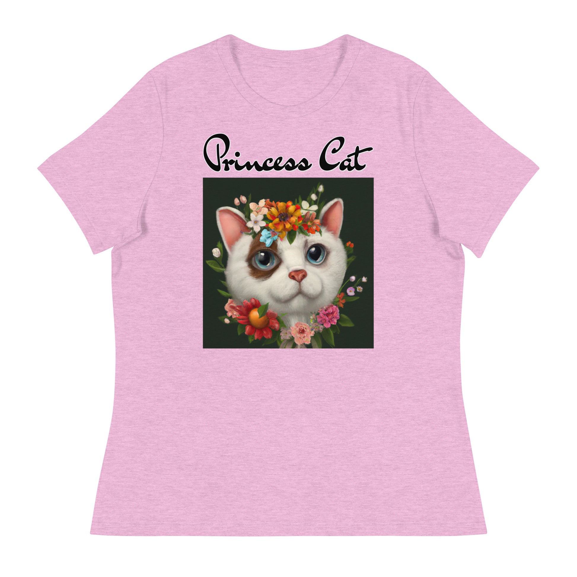 Women's T-Shirt with Happy Cat Portrait With Flowers with a text "Princess Cat" at $25.97 found at Personalizedpetlovergifts