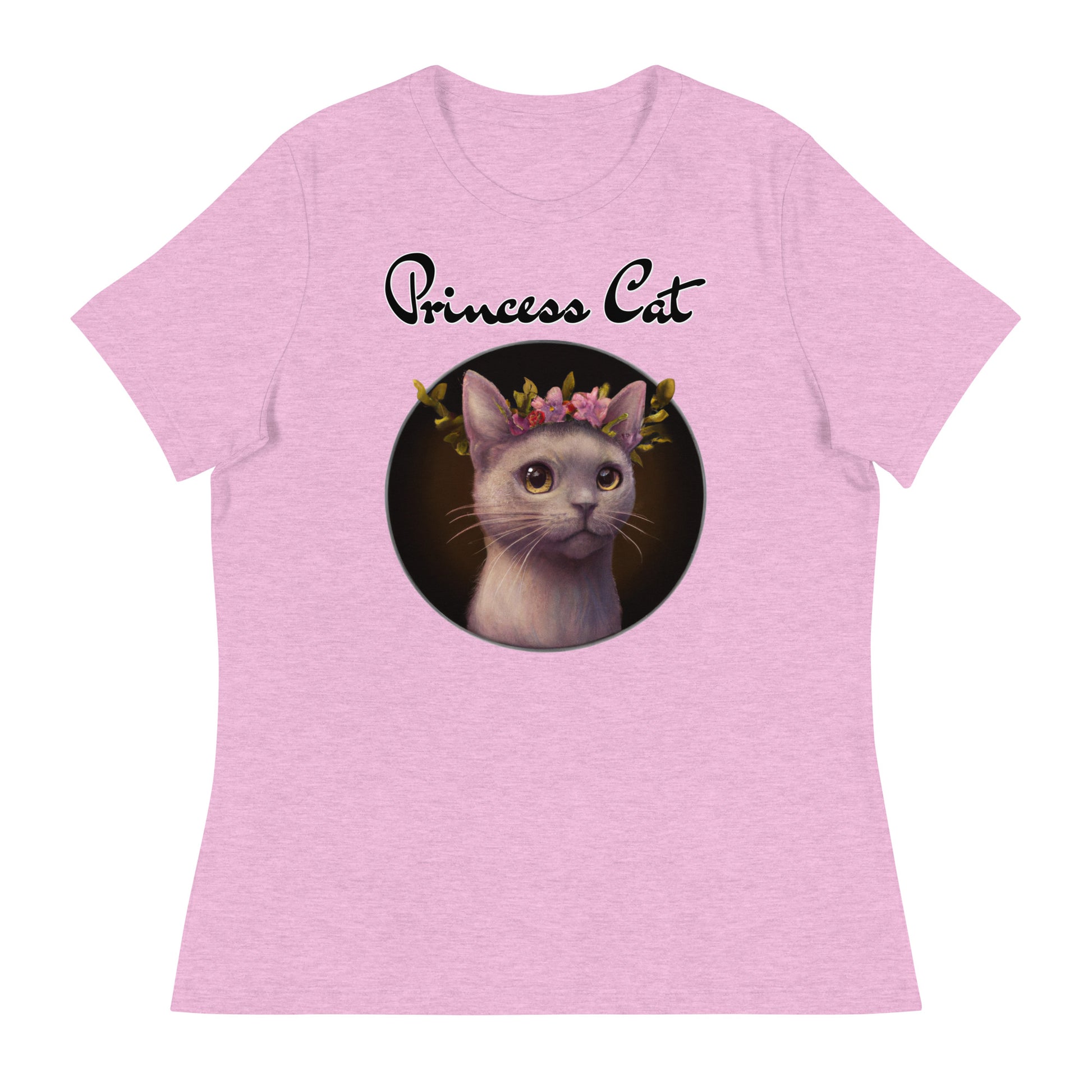 Women's T-Shirt with Gentle Cat With Pink Floral Headpiece with a text "Princess Cat" at $25.97 found at Personalizedpetlovergifts