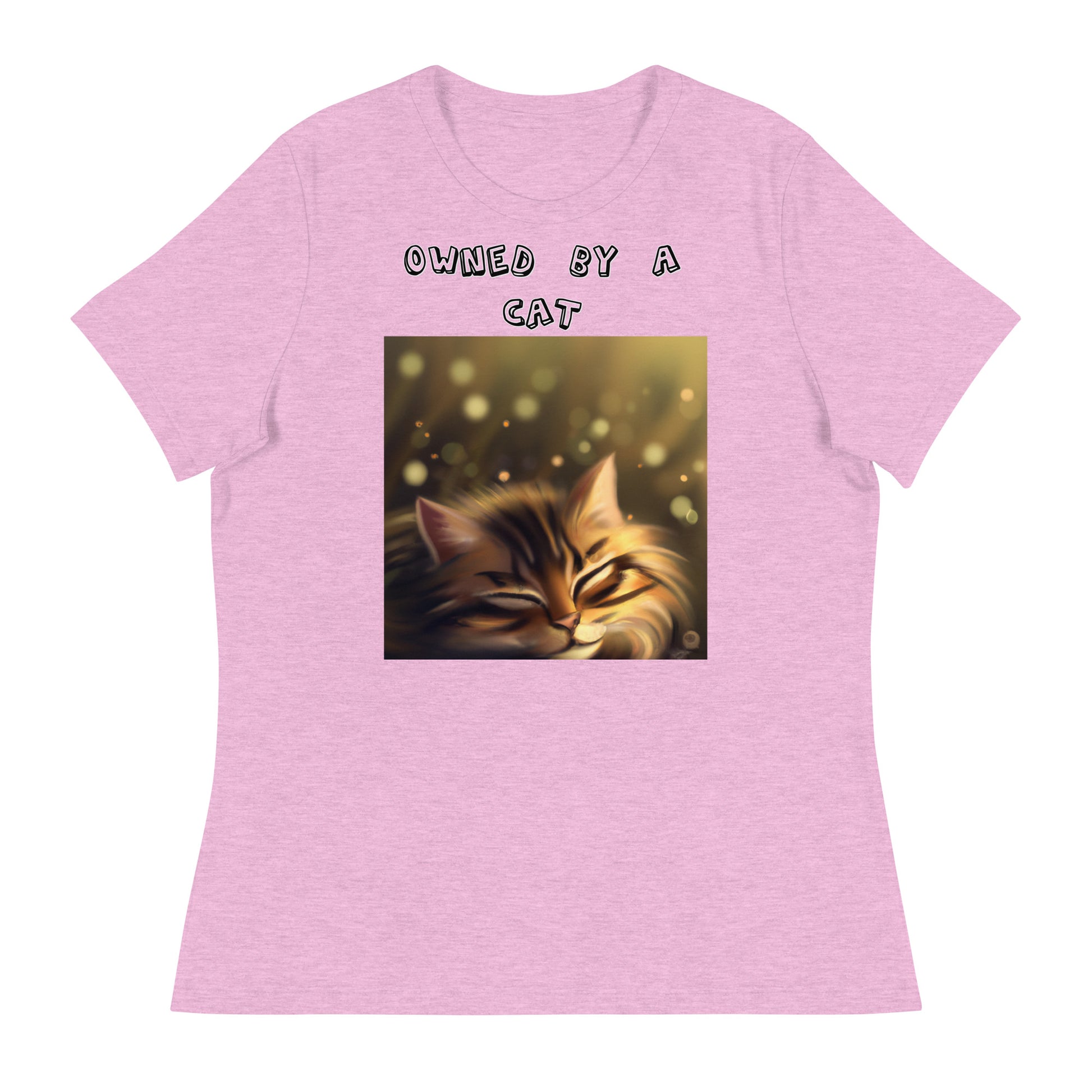 Women's White T-Shirt with Sleepy Cat with a text "Owned by a Cat" at $25.97 found at Personalizedpetlovergifts