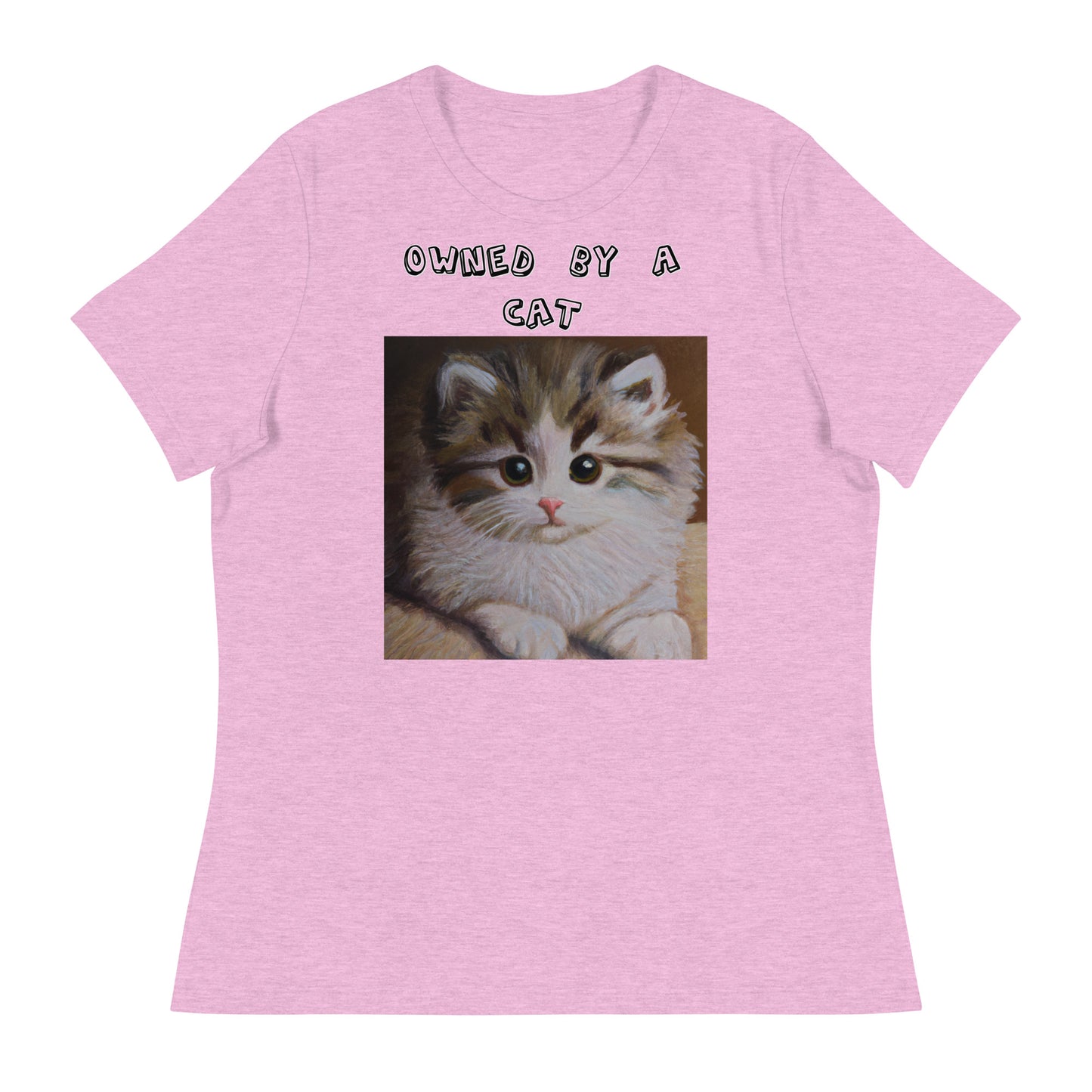 Women's White T-Shirt with Small Fluffy Kitten Painting with a text "Owned by a Cat" at $25.97 found at Personalizedpetlovergifts