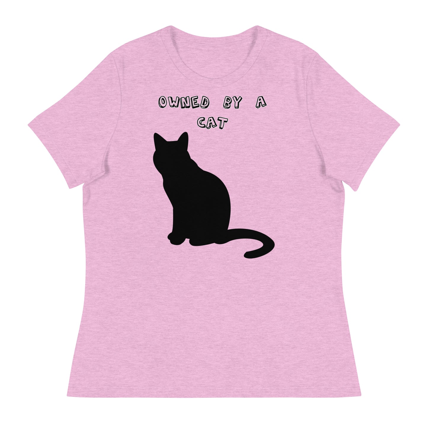 Women's White T-Shirt with Silhouette Of Black Cat with a text "Owned by a Cat" at $25.97 found at Personalizedpetlovergifts