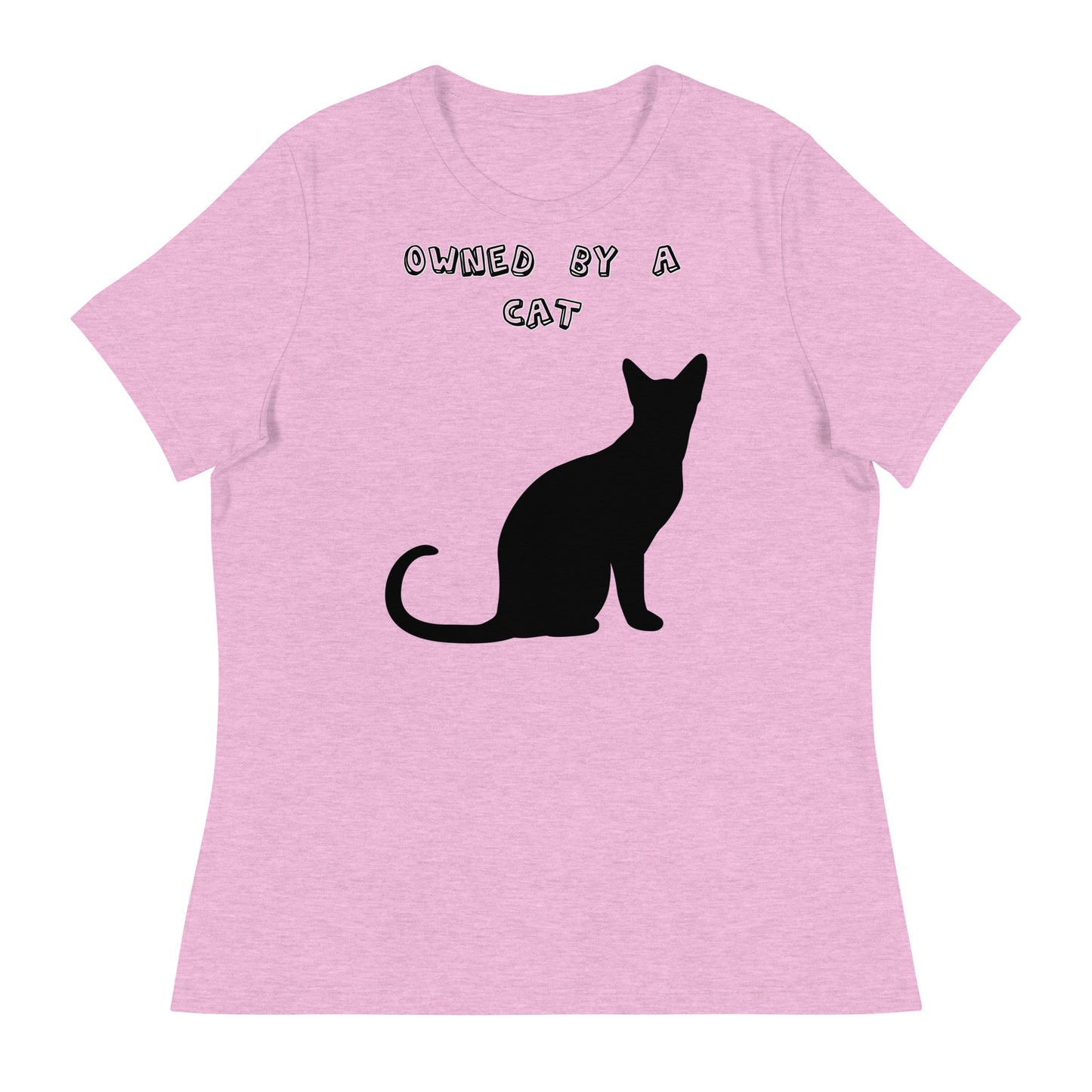 Women's White T-Shirt with Silhouette Of a Black Cat with a text "Owned by a Cat" at $25.97 found at Personalizedpetlovergifts