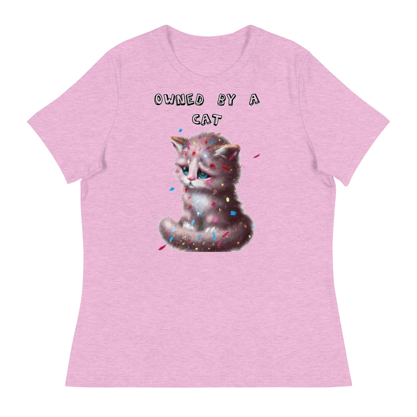 Women's White T-Shirt with Sad Kitten With Confetti with a text "Owned by a Cat" at $25.97 found at Personalizedpetlovergifts