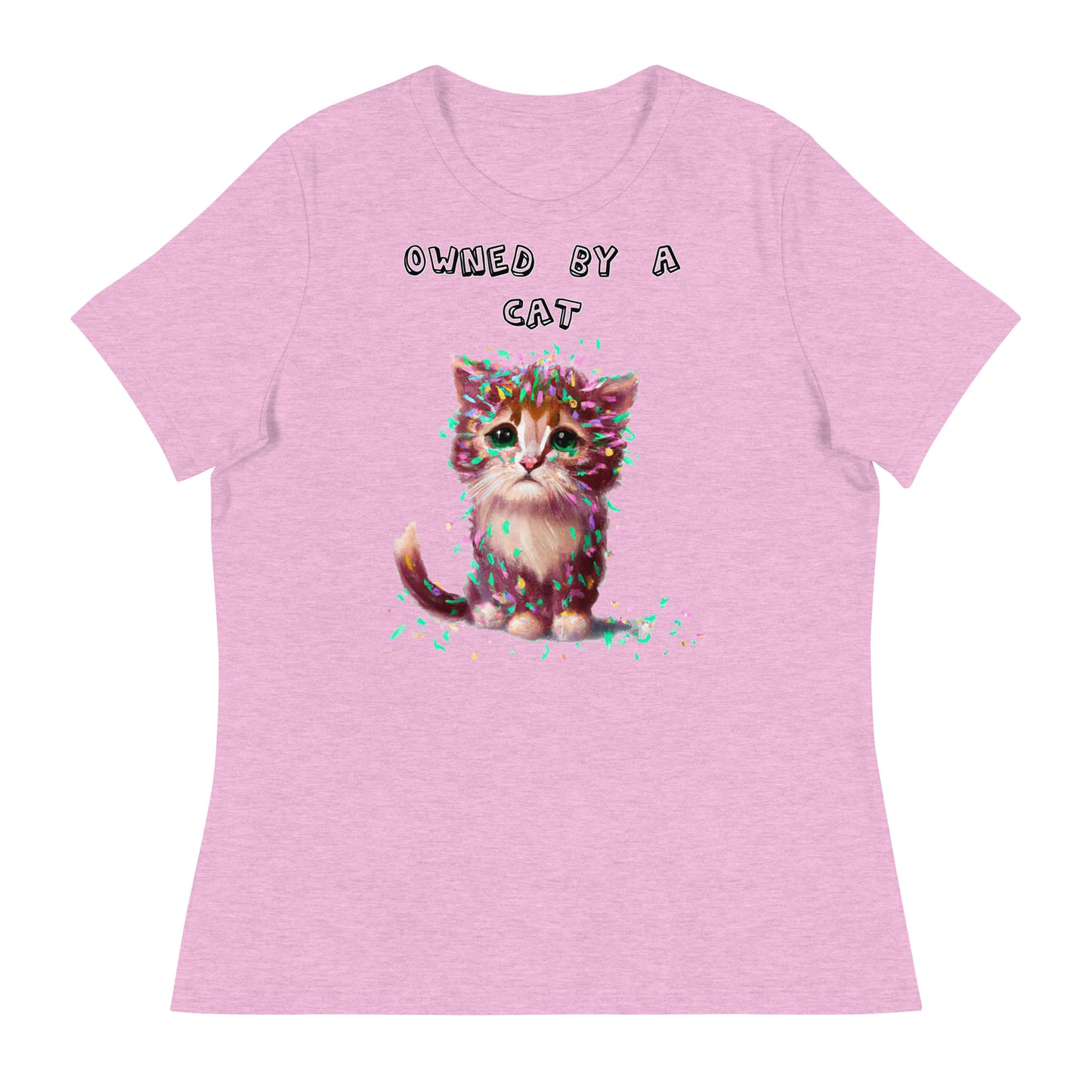 Women's White T-Shirt with Sad Kitten Covered In Confetti with a text "Owned by a Cat" at $25.97 found at Personalizedpetlovergifts