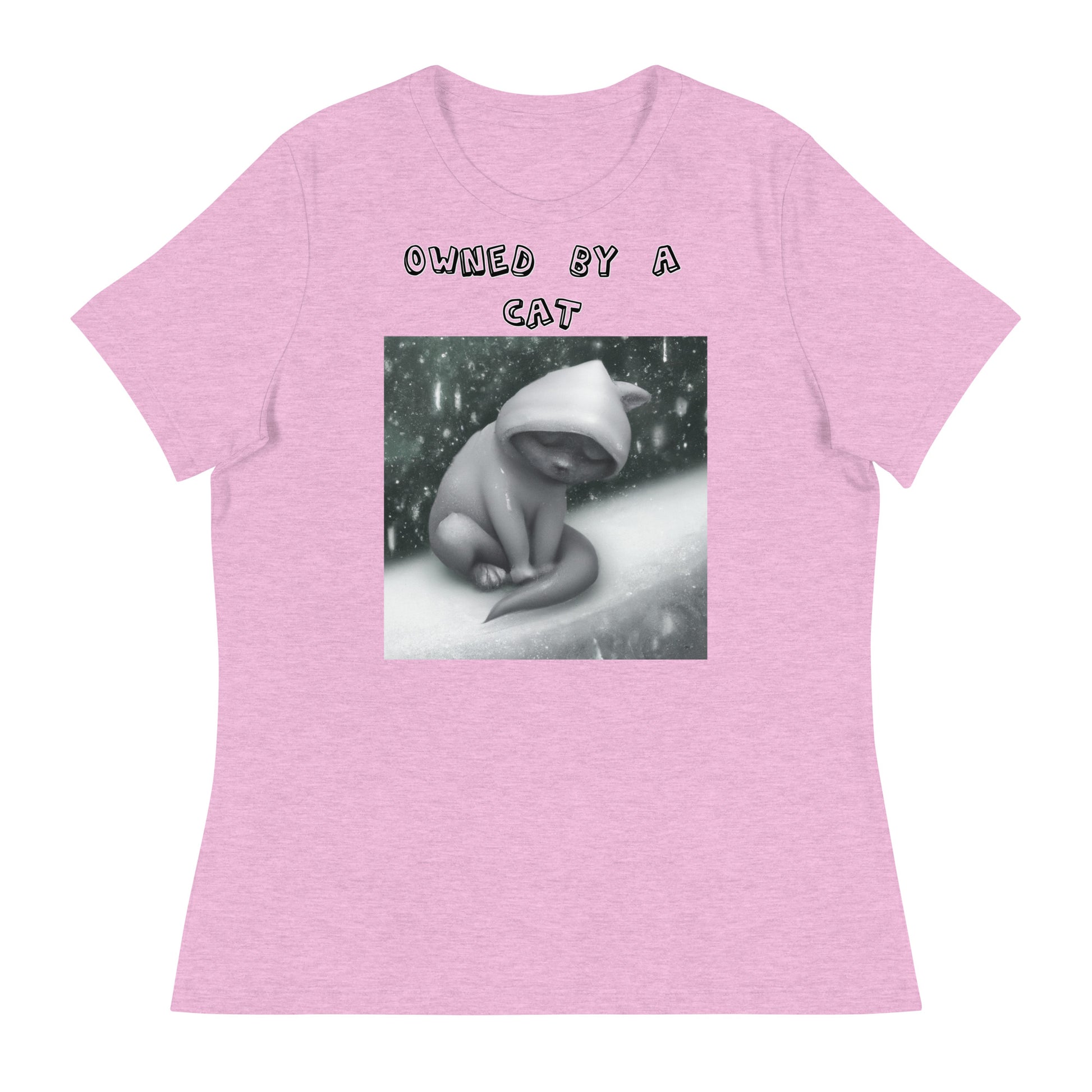 Women's White T-Shirt with Sad Cold Kitten In The Snow with a text "Owned by a Cat" at $25.97 found at Personalizedpetlovergifts