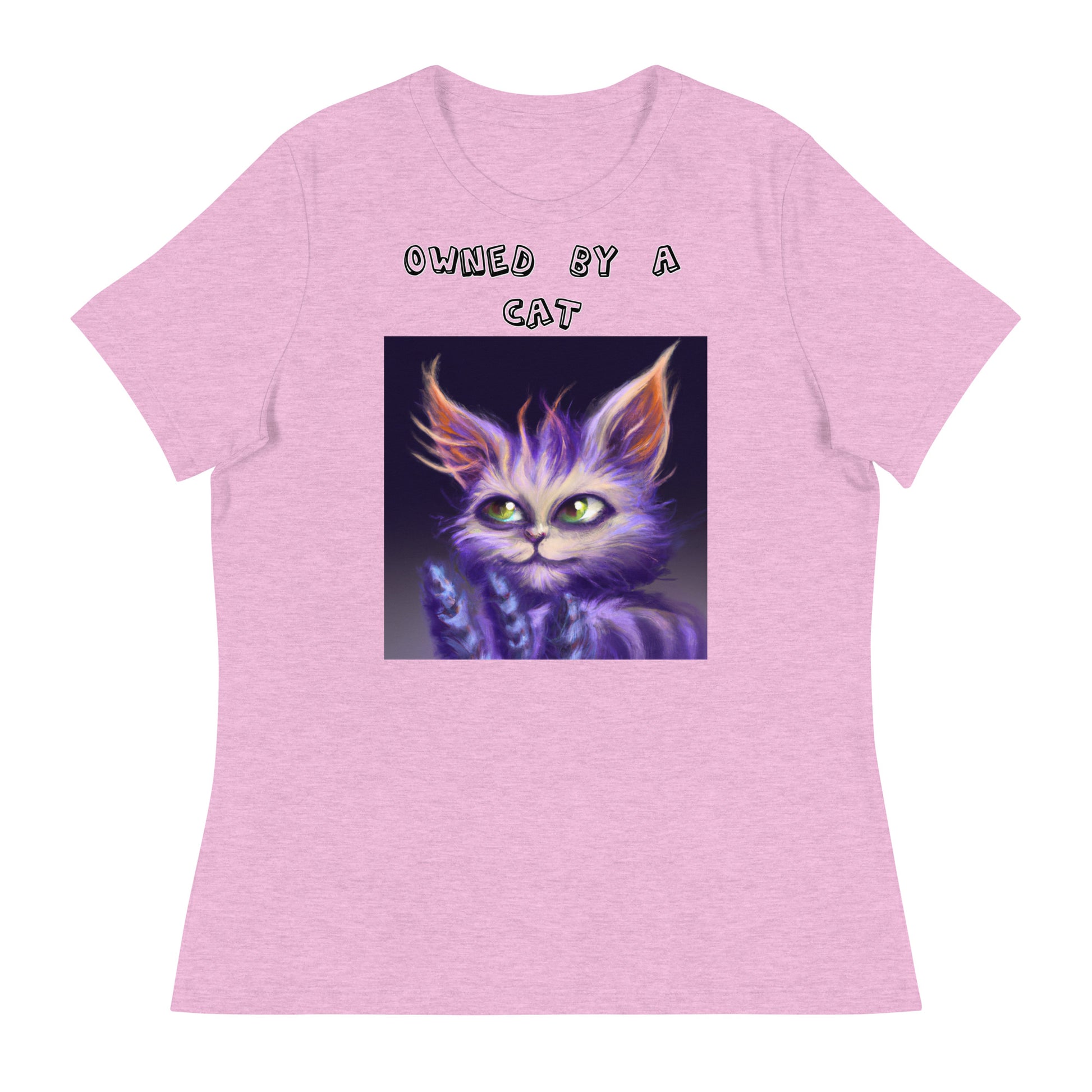 Women's White T-Shirt with Purple Alien Cat with a text "Owned by a Cat" at $25.97 found at Personalizedpetlovergifts