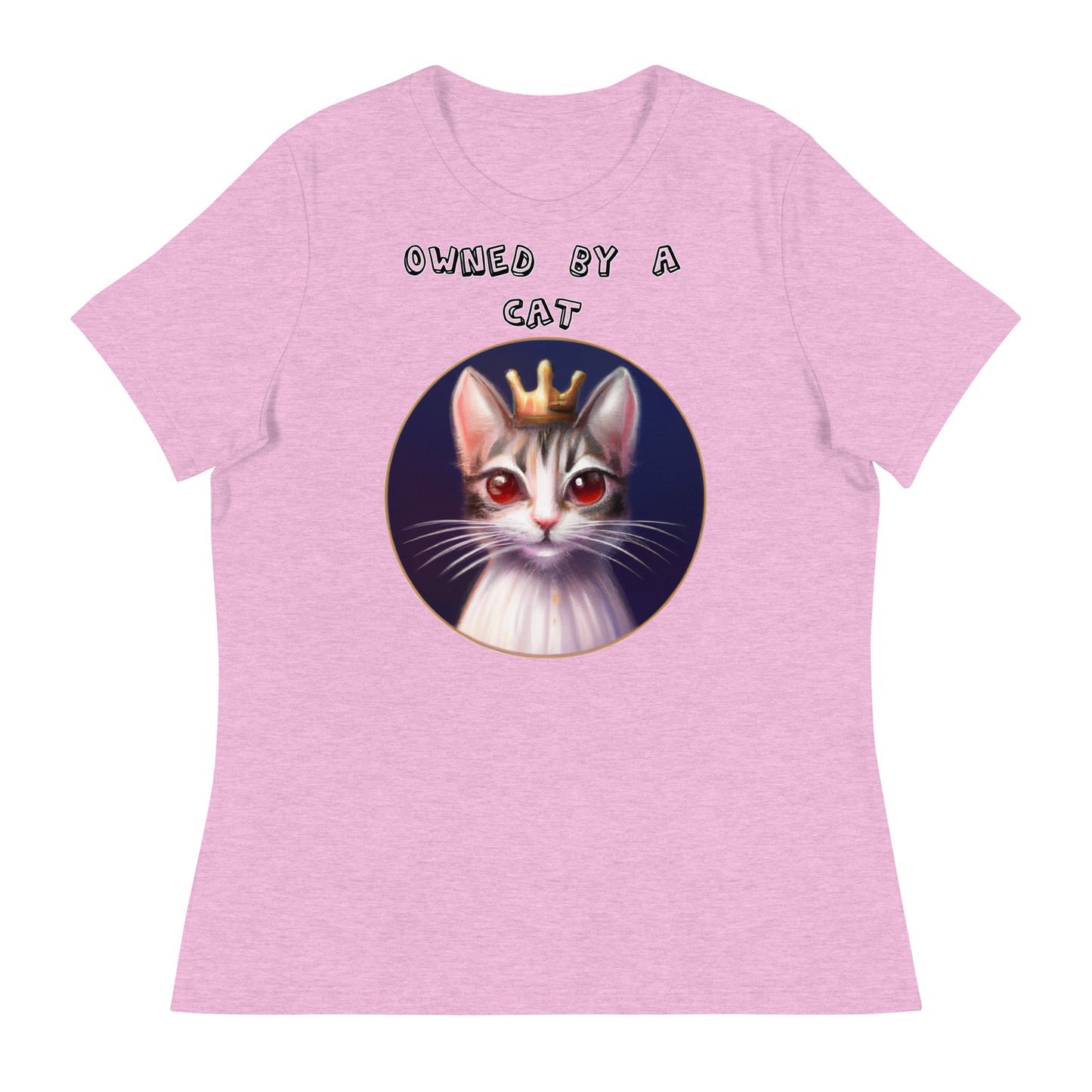 Women's White T-Shirt with Princess Cat With Red Eyes with a text "Owned by a Cat" at $25.97 found at Personalizedpetlovergifts