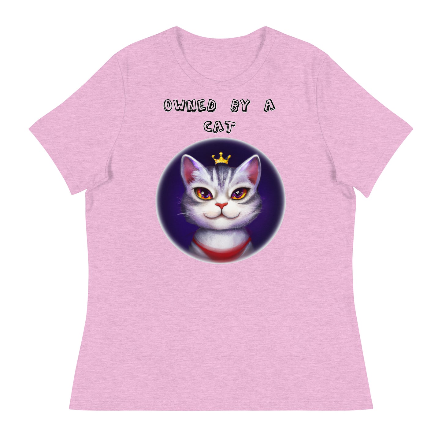 Women's White T-Shirt with Princess Cat In a Circle with a text "Owned by a Cat" at $25.97 found at Personalizedpetlovergifts