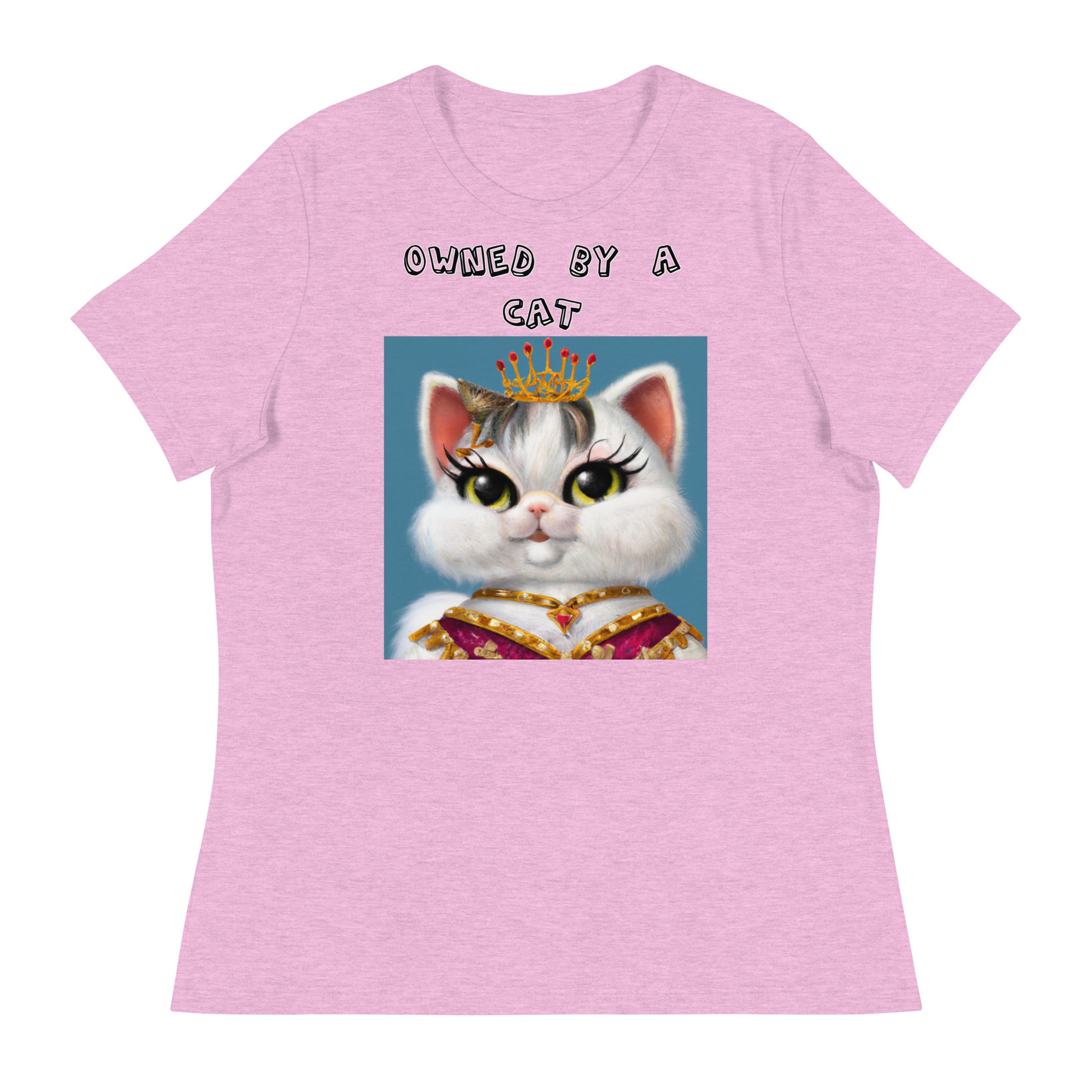 Women's White T-Shirt with Pretty Queen Cat with a text "Owned by a Cat" at $25.97 found at Personalizedpetlovergifts