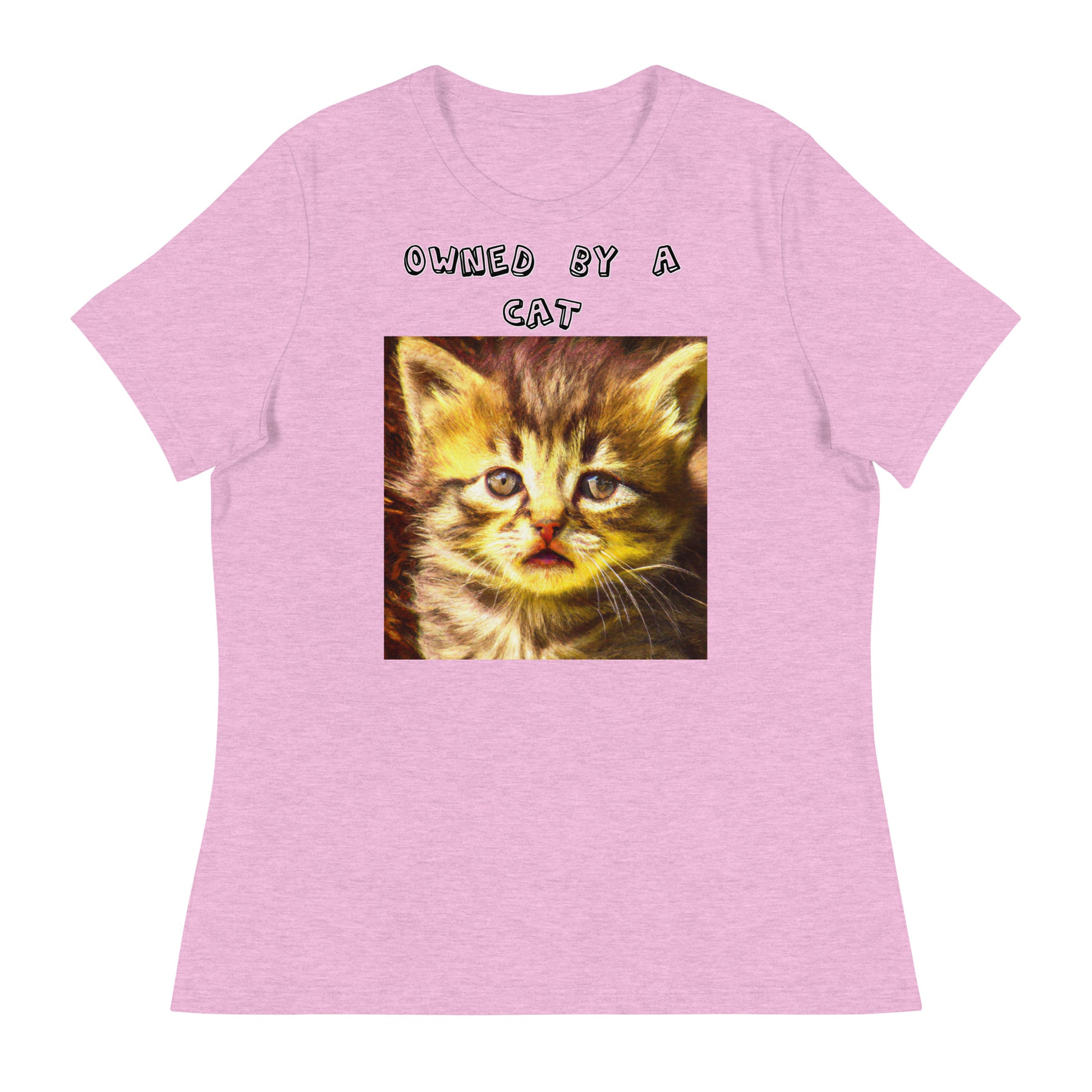 Women's White T-Shirt with Portrait Of a Fluffy Kitten with a text "Owned by a Cat" at $25.97 found at Personalizedpetlovergifts