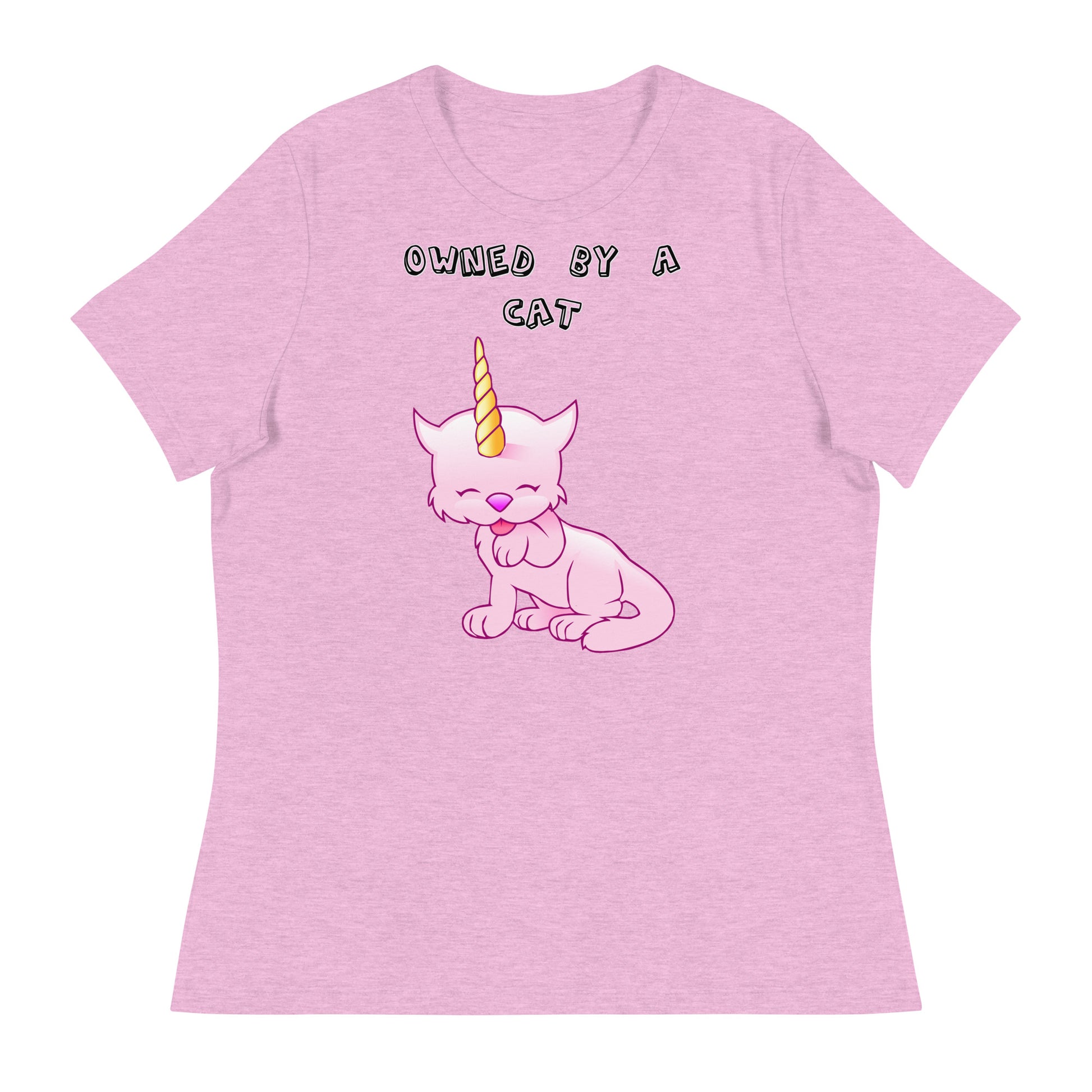 Women's White T-Shirt with Pink Unicorn Cat Licking Its Paw with a text "Owned by a Cat" at $25.97 found at Personalizedpetlovergifts