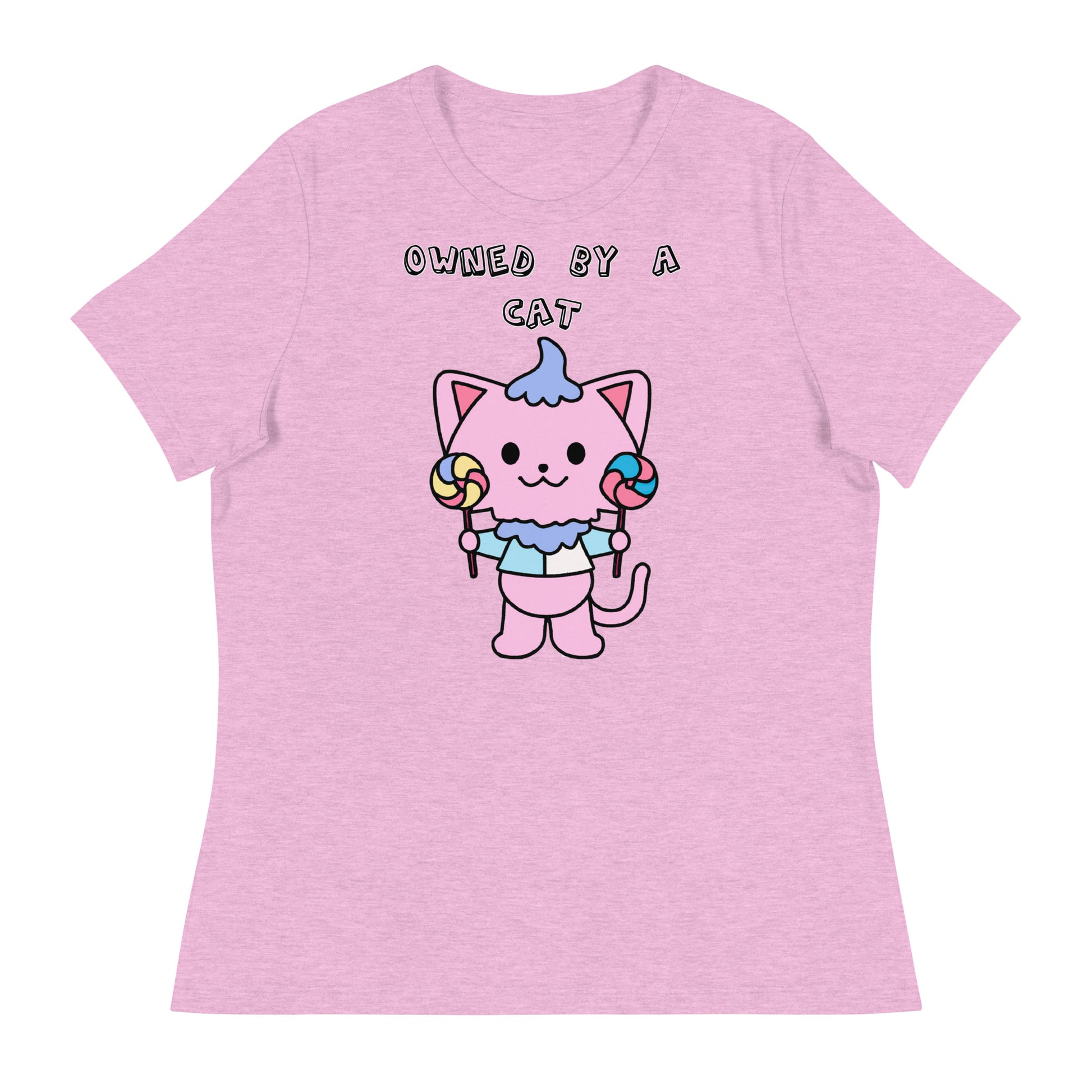 Women's White T-Shirt with Pink Kitten With Lollipops with a text "Owned by a Cat" at $25.97 found at Personalizedpetlovergifts