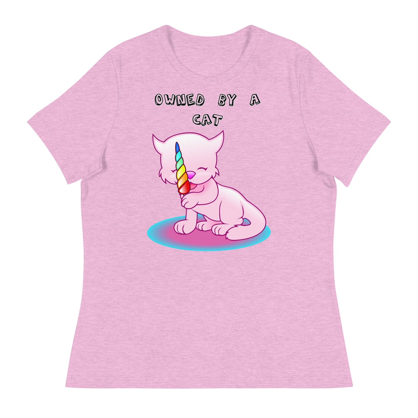 Women's White T-Shirt with Pink Kitten Licking Candy with a text "Owned by a Cat" at $25.97 found at Personalizedpetlovergifts