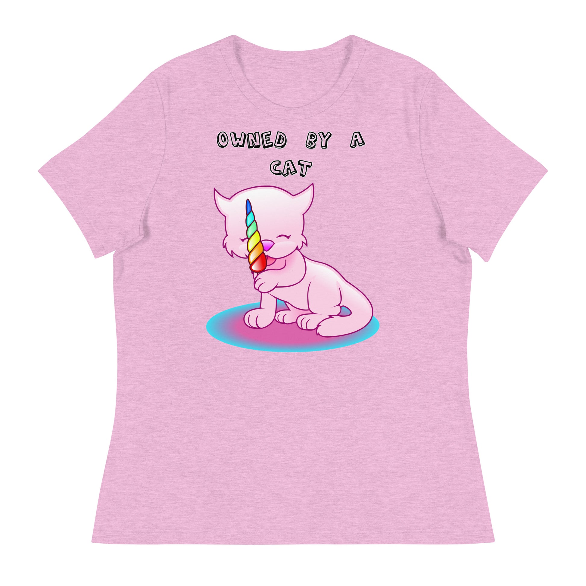 Women's White T-Shirt with Pink Kitten Licking Candy with a text "Owned by a Cat" at $25.97 found at Personalizedpetlovergifts