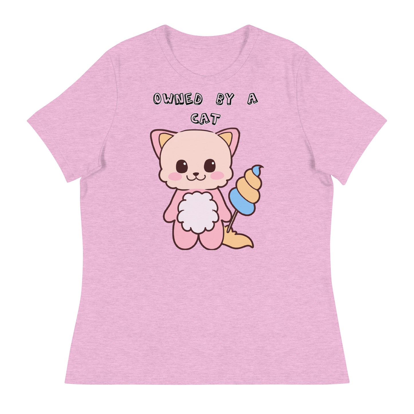 Women's White T-Shirt with Pink Kitten Holding a Cotton Candy with a text "Owned by a Cat" at $25.97 found at Personalizedpetlovergifts