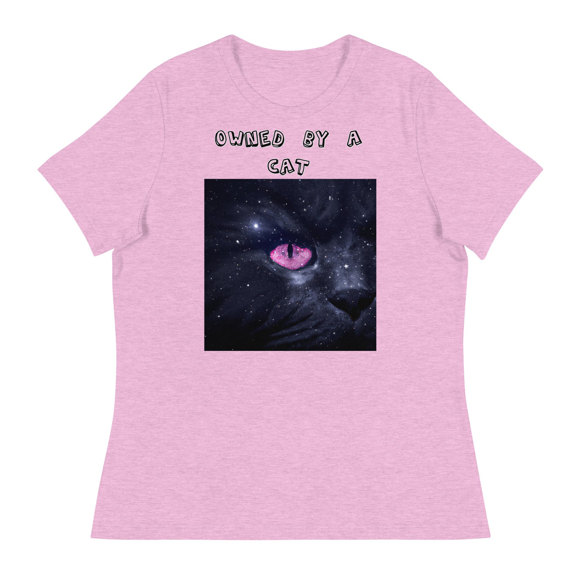 Women's White T-Shirt with Pink Galaxy Eyed Cat with a text "Owned by a Cat" at $25.97 found at Personalizedpetlovergifts