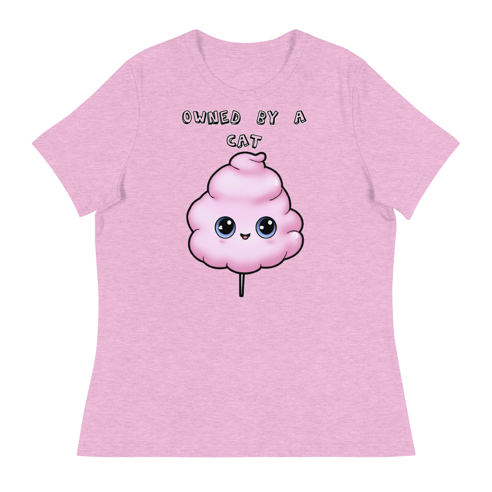 Women's White T-Shirt with Pink Cotton Candy With Cute Eyes with a text "Owned by a Cat" at $25.97 found at Personalizedpetlovergifts