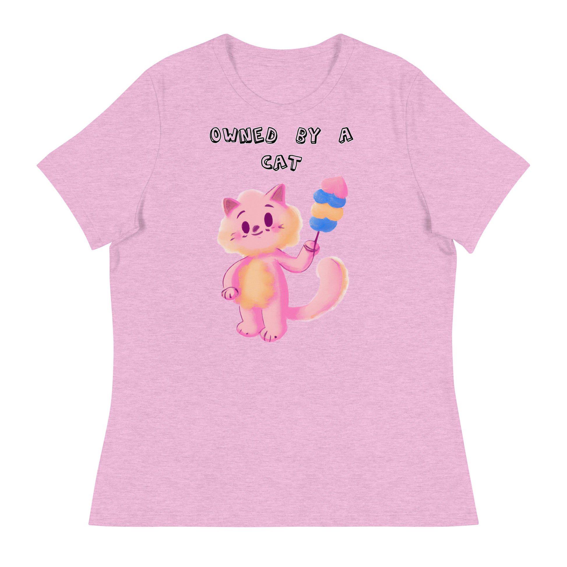 Women's White T-Shirt with Pink Cat With Cotton Candy with a text "Owned by a Cat" at $25.97 found at Personalizedpetlovergifts