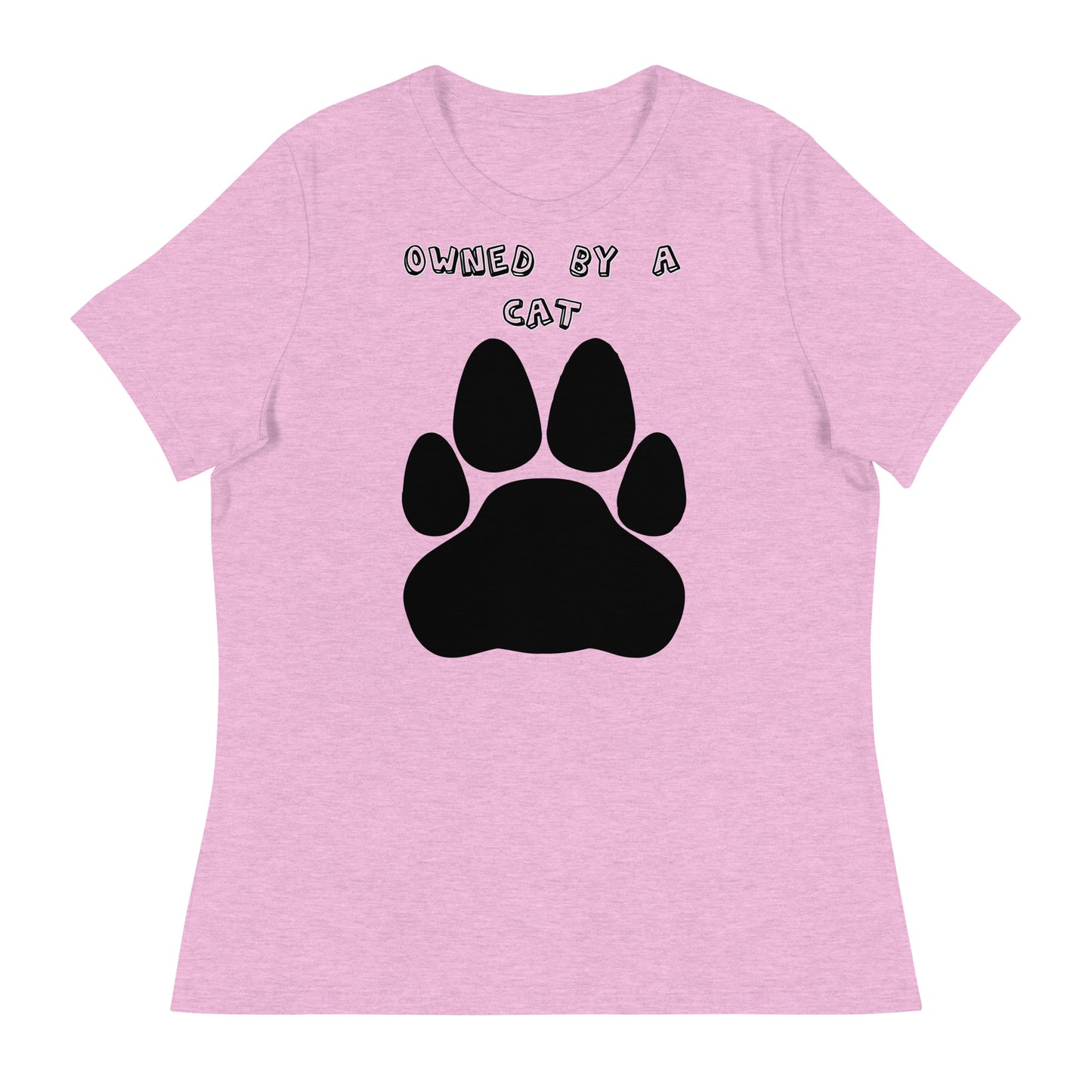 Women's White T-Shirt with Paw with a text "Owned by a Cat" at $25.97 found at Personalizedpetlovergifts