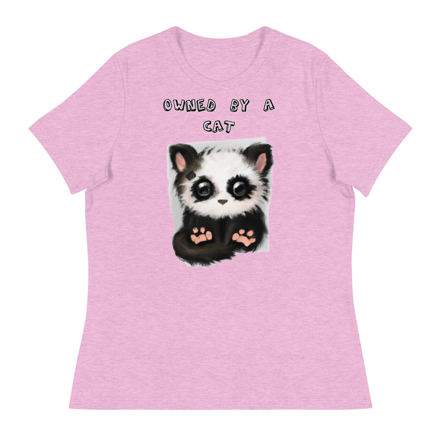 Women's White T-Shirt with Panda Kitten with a text "Owned by a Cat" at $25.97 found at Personalizedpetlovergifts