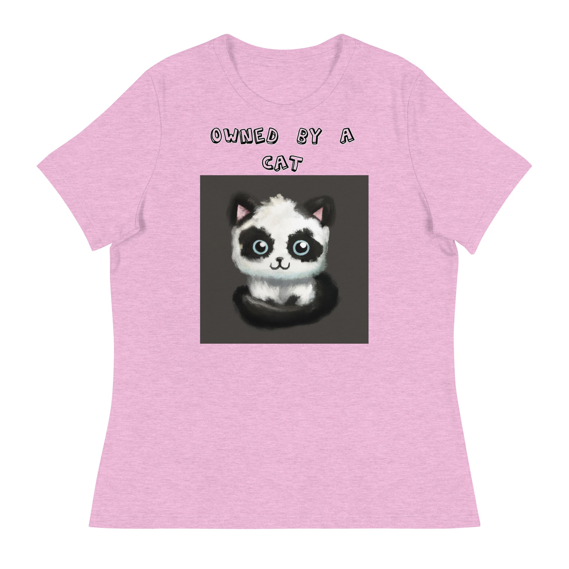 Women's White T-Shirt with Panda Colored Kitten with a text "Owned by a Cat" at $25.97 found at Personalizedpetlovergifts