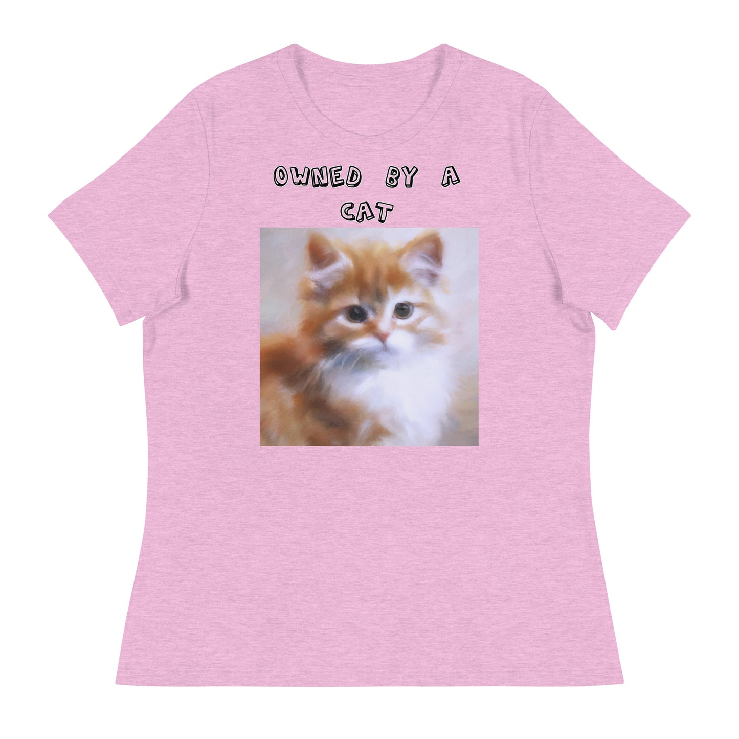 Women's White T-Shirt with Orange Fluffy Kitten with a text "Owned by a Cat" at $25.97 found at Personalizedpetlovergifts