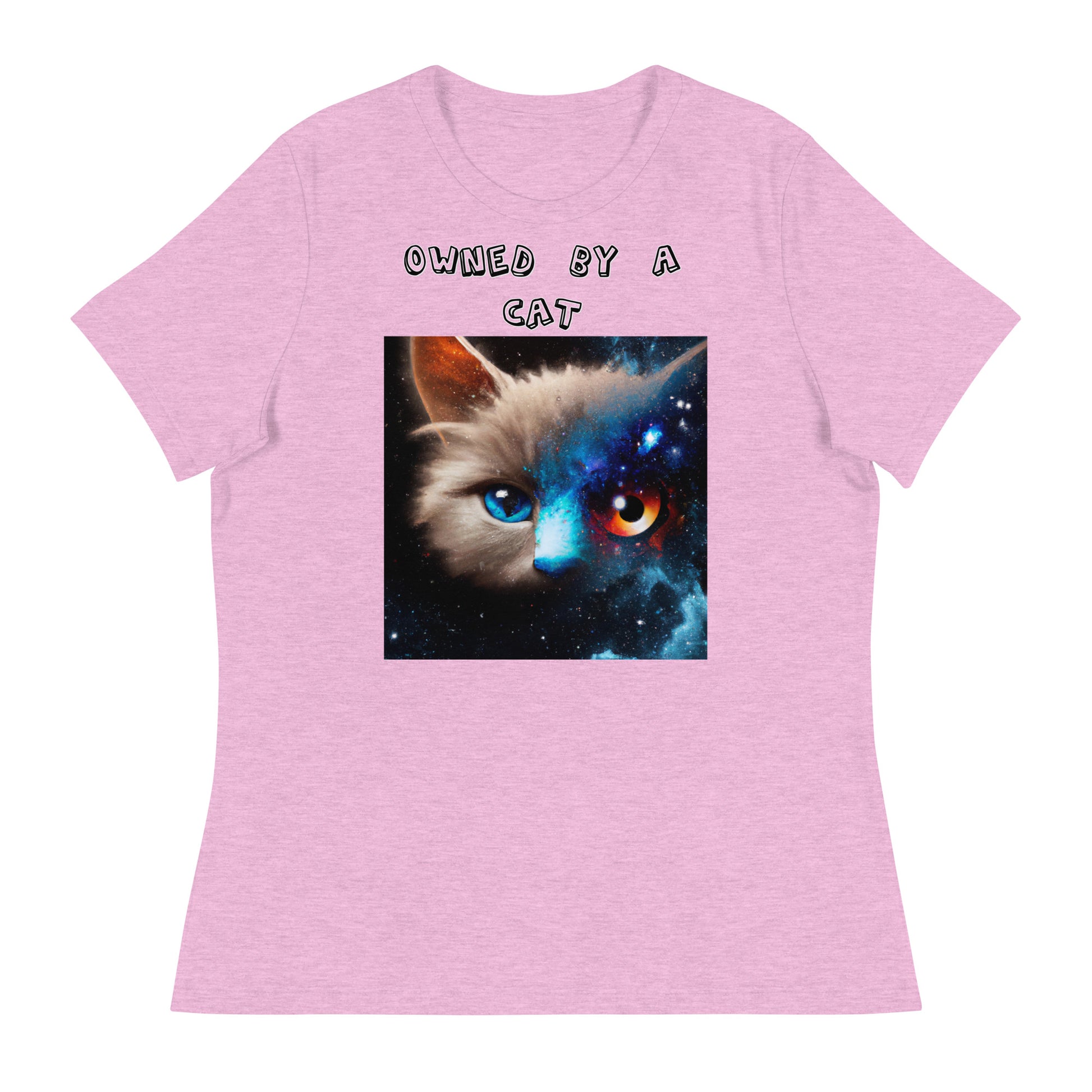 Women's White T-Shirt with Multi Colored Eyed Cat with a text "Owned by a Cat" at $25.97 found at Personalizedpetlovergifts