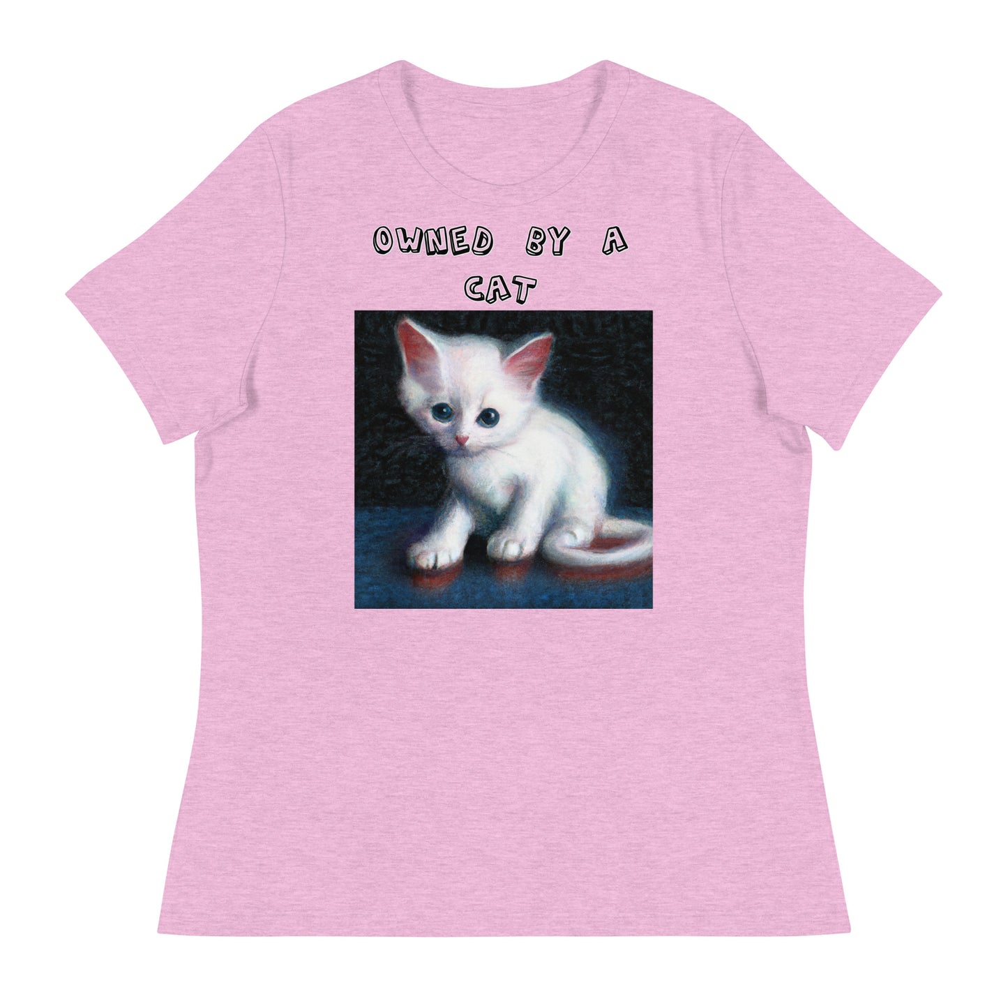 Women's White T-Shirt with Little Kitten with a text "Owned by a Cat" at $25.97 found at Personalizedpetlovergifts