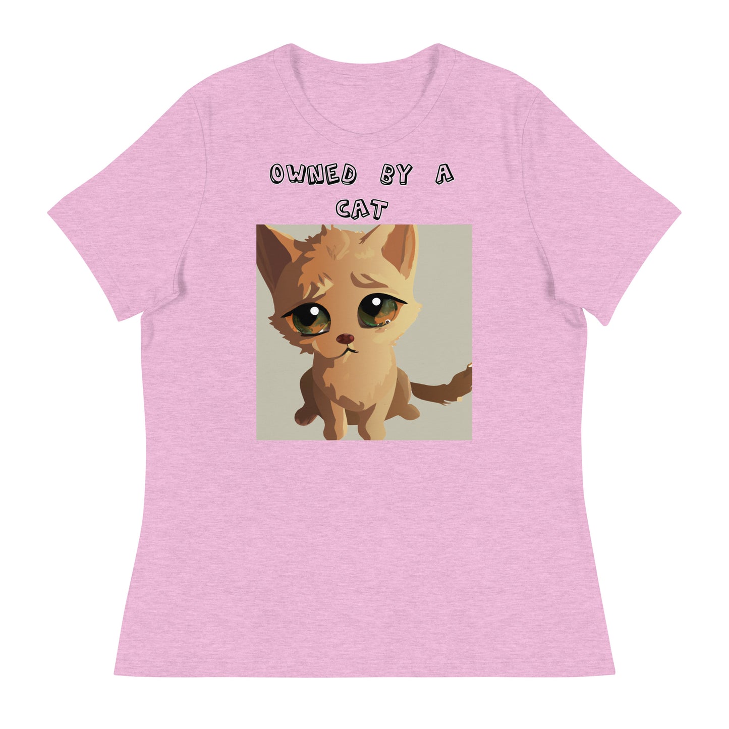 Women's White T-Shirt with Kitten With Sad Eyes with a text "Owned by a Cat" at $25.97 found at Personalizedpetlovergifts