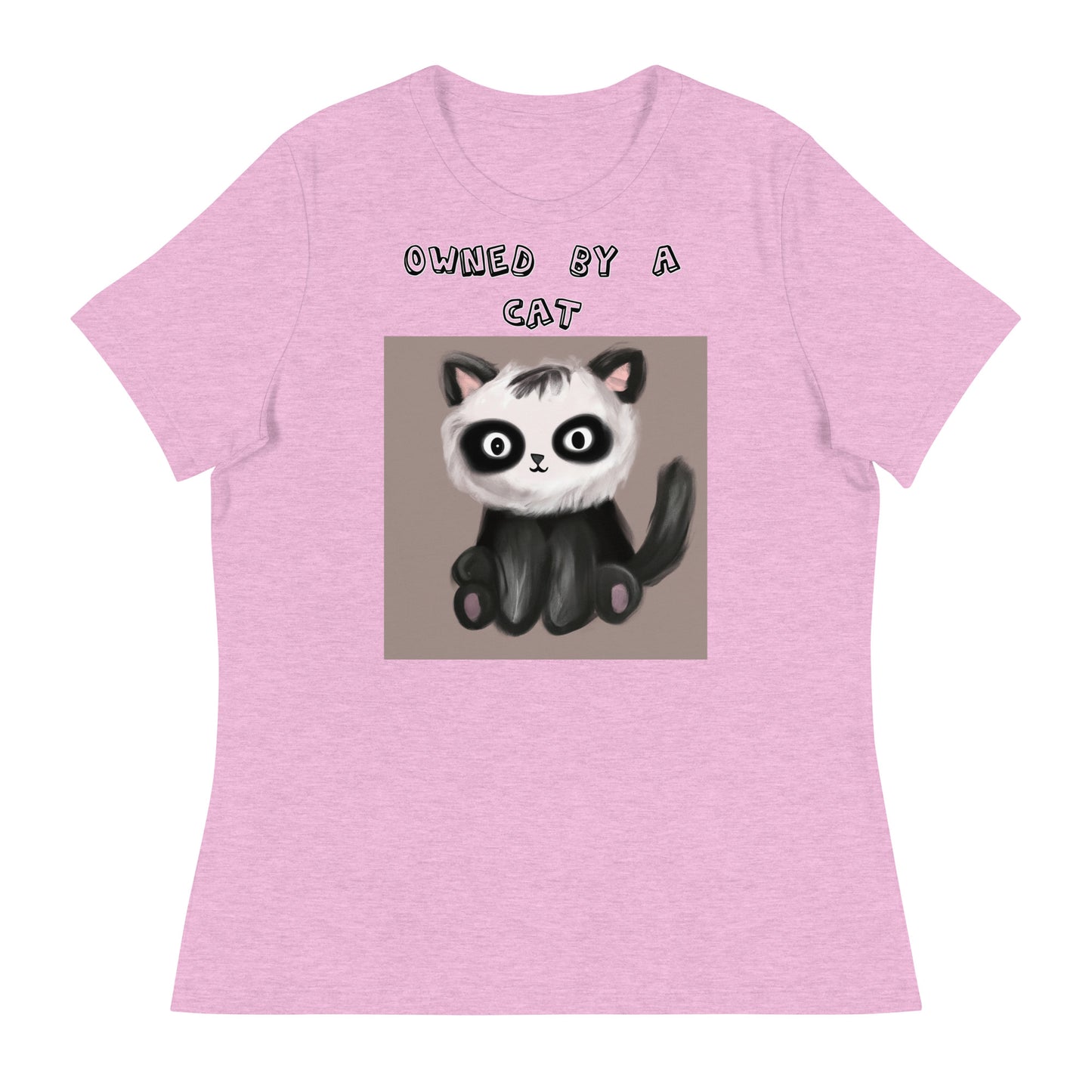 Women's White T-Shirt with Kitten With Panda Colors with a text "Owned by a Cat" at $25.97 found at Personalizedpetlovergifts