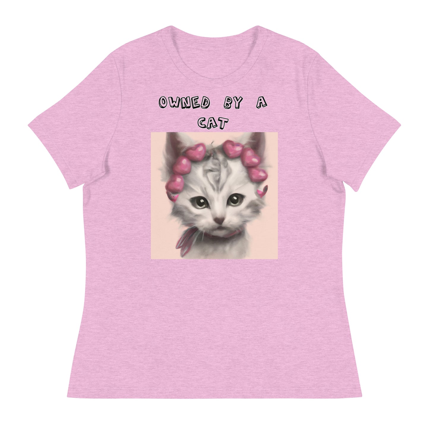 Women's White T-Shirt with Kitten With Heart Headband with a text "Owned by a Cat" at $25.97 found at Personalizedpetlovergifts