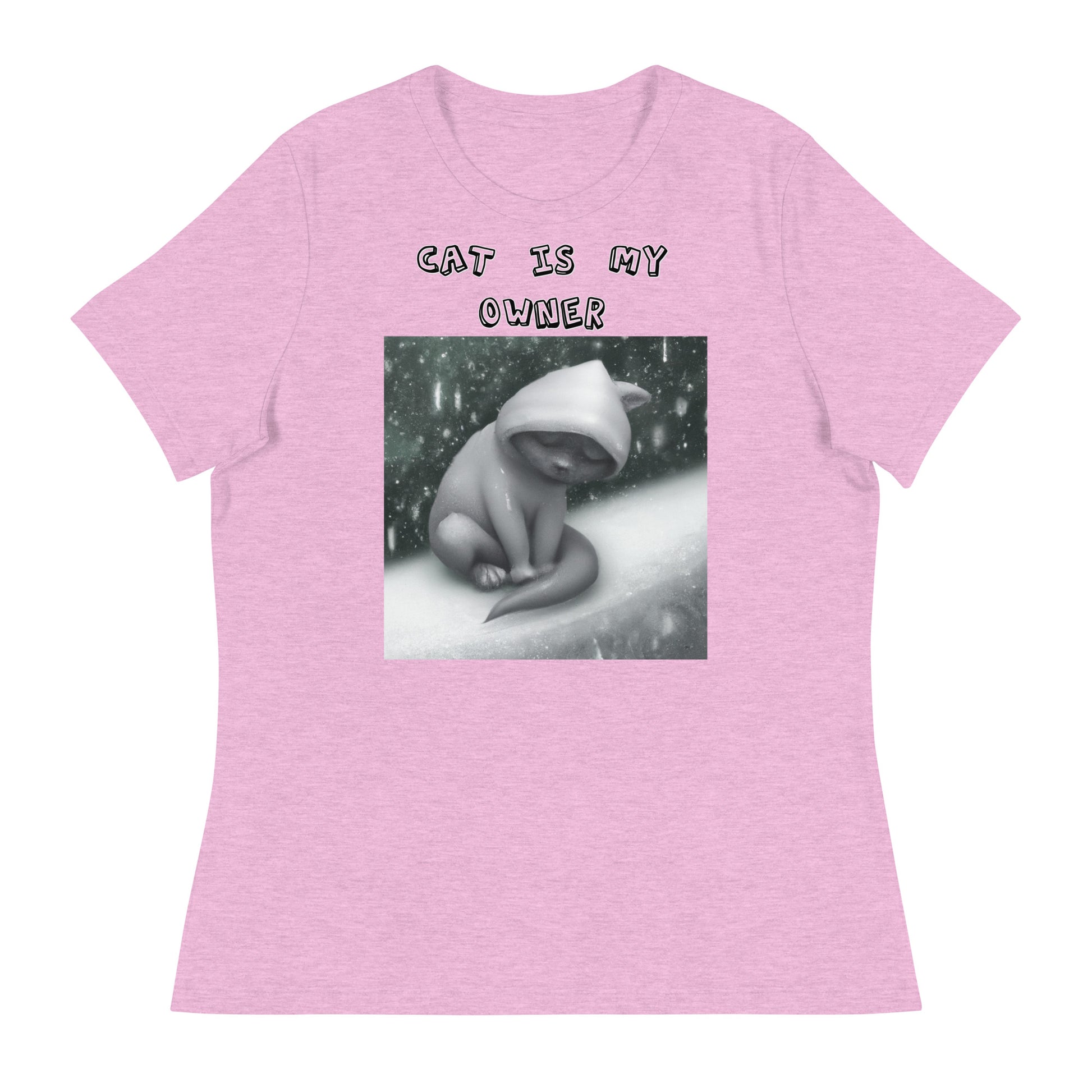 Women's White T-Shirt with Sad Cold Kitten In The Snow with a text "Cat Is My Owner" at $25.97 found at Personalizedpetlovergifts