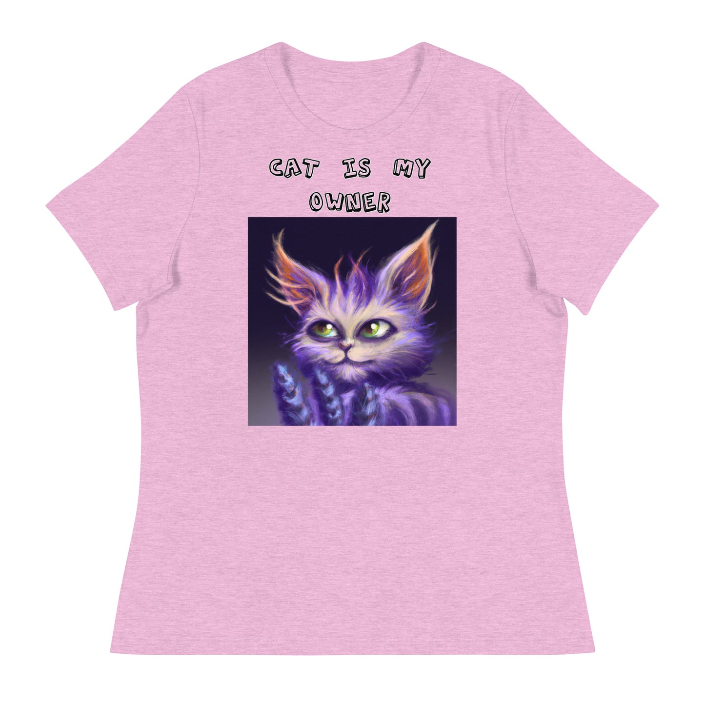 Women's White T-Shirt with Purple Alien Cat with a text "Cat Is My Owner" at $25.97 found at Personalizedpetlovergifts