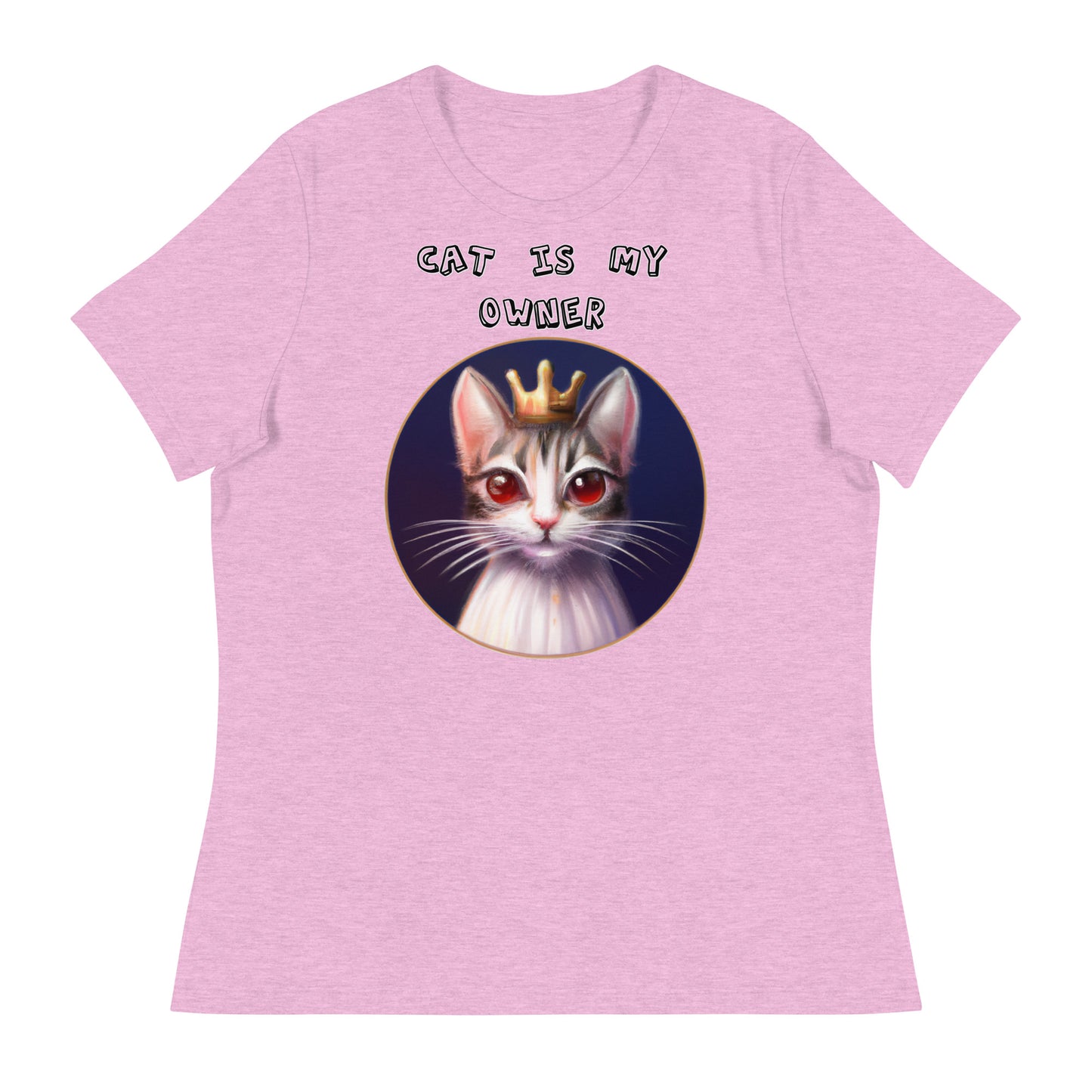 Women's White T-Shirt with Princess Cat With Red Eyes with a text "Cat Is My Owner" at $25.97 found at Personalizedpetlovergifts