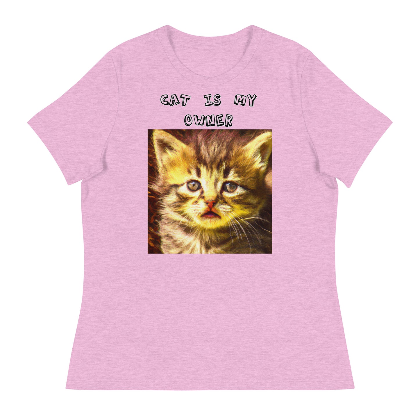 Women's White T-Shirt with Portrait Of a Fluffy Kitten with a text "Cat Is My Owner" at $25.97 found at Personalizedpetlovergifts