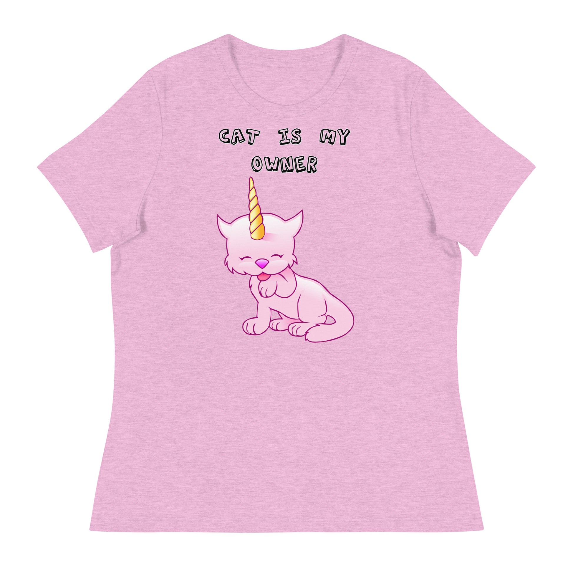 Women's White T-Shirt with Pink Unicorn Cat Licking Its Paw with a text "Cat Is My Owner" at $25.97 found at Personalizedpetlovergifts