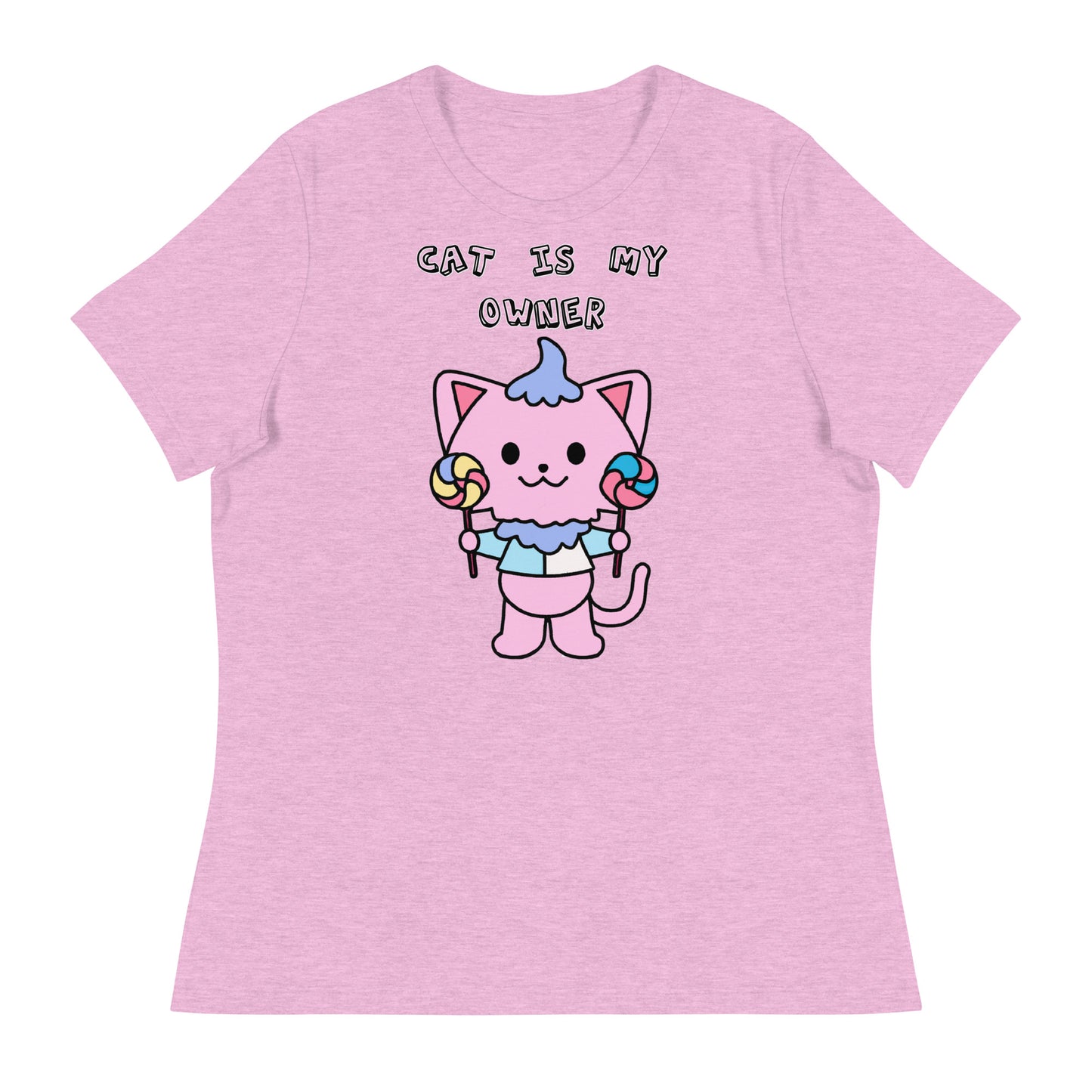 Women's White T-Shirt with Pink Kitten With Lollipops with a text "Cat Is My Owner" at $25.97 found at Personalizedpetlovergifts