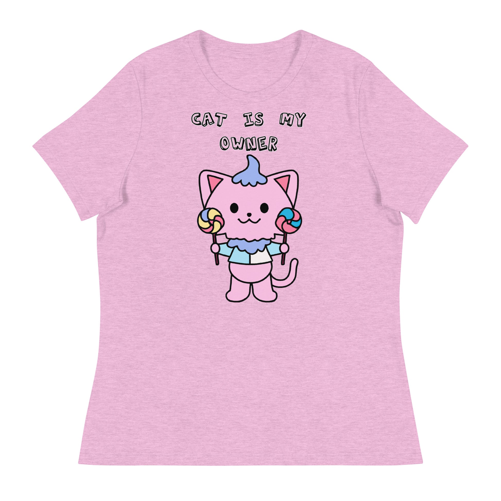 Women's White T-Shirt with Pink Kitten With Lollipops with a text "Cat Is My Owner" at $25.97 found at Personalizedpetlovergifts