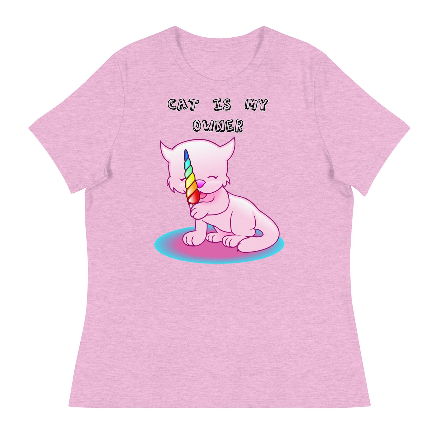 Women's White T-Shirt with Pink Kitten Licking Candy with a text "Cat Is My Owner" at $25.97 found at Personalizedpetlovergifts