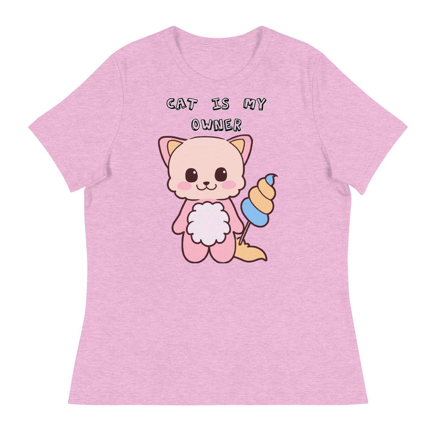 Women's White T-Shirt with Pink Kitten Holding a Cotton Candy with a text "Cat Is My Owner" at $25.97 found at Personalizedpetlovergifts