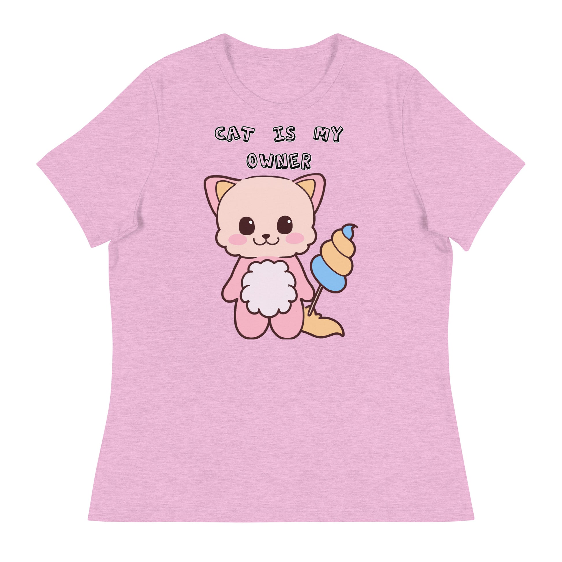 Women's White T-Shirt with Pink Kitten Holding a Cotton Candy with a text "Cat Is My Owner" at $25.97 found at Personalizedpetlovergifts