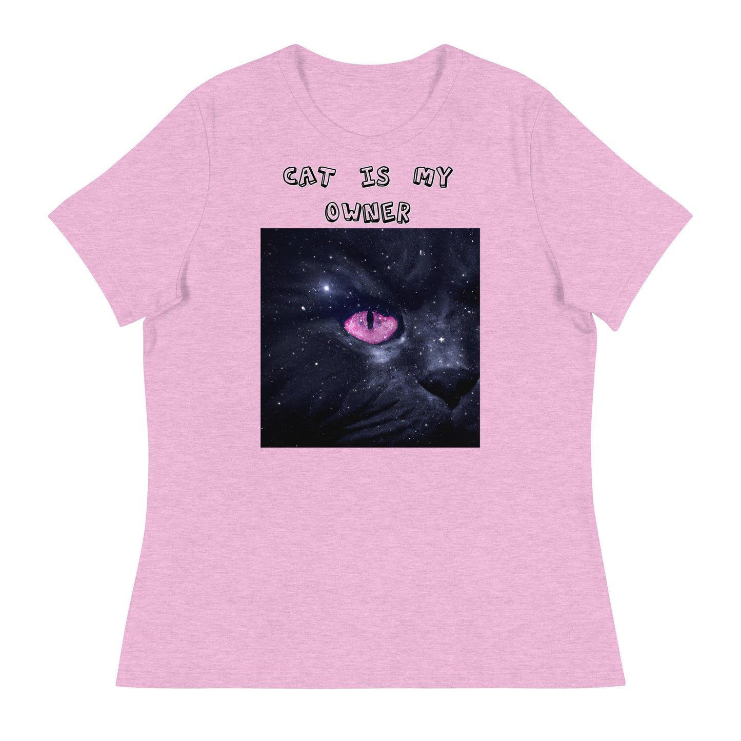 Women's White T-Shirt with Pink Galaxy Eyed Cat with a text "Cat Is My Owner" at $25.97 found at Personalizedpetlovergifts