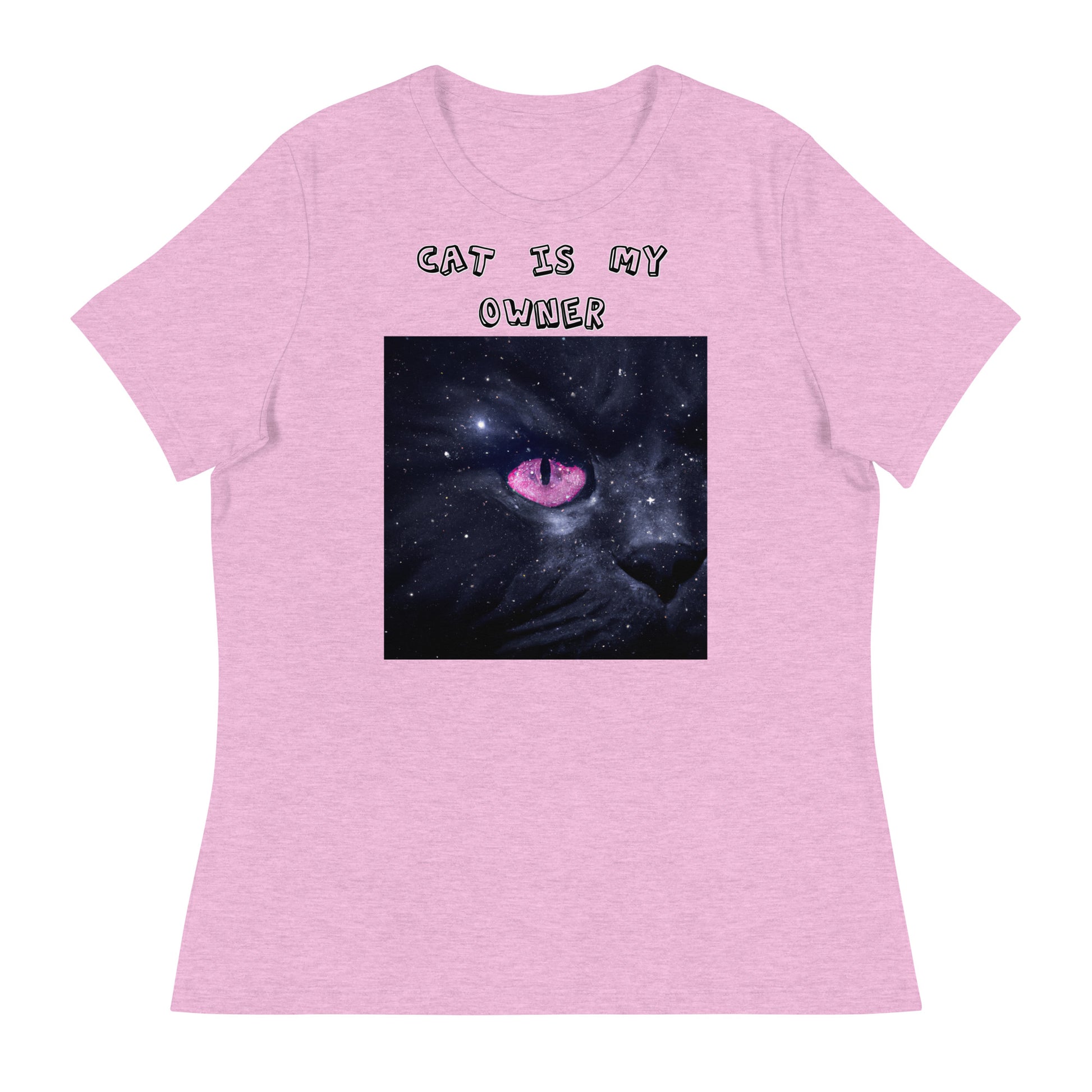 Women's White T-Shirt with Pink Galaxy Eyed Cat with a text "Cat Is My Owner" at $25.97 found at Personalizedpetlovergifts