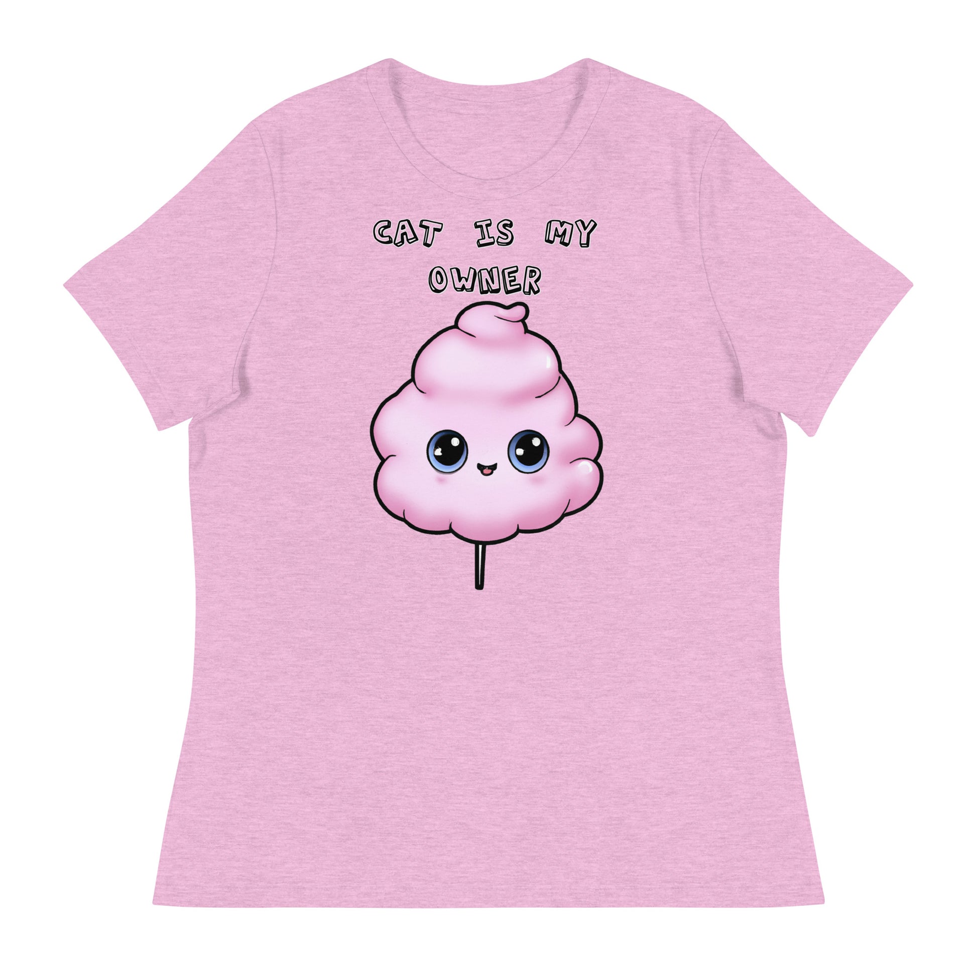 Women's White T-Shirt with Pink Cotton Candy With Cute Eyes with a text "Cat Is My Owner" at $25.97 found at Personalizedpetlovergifts