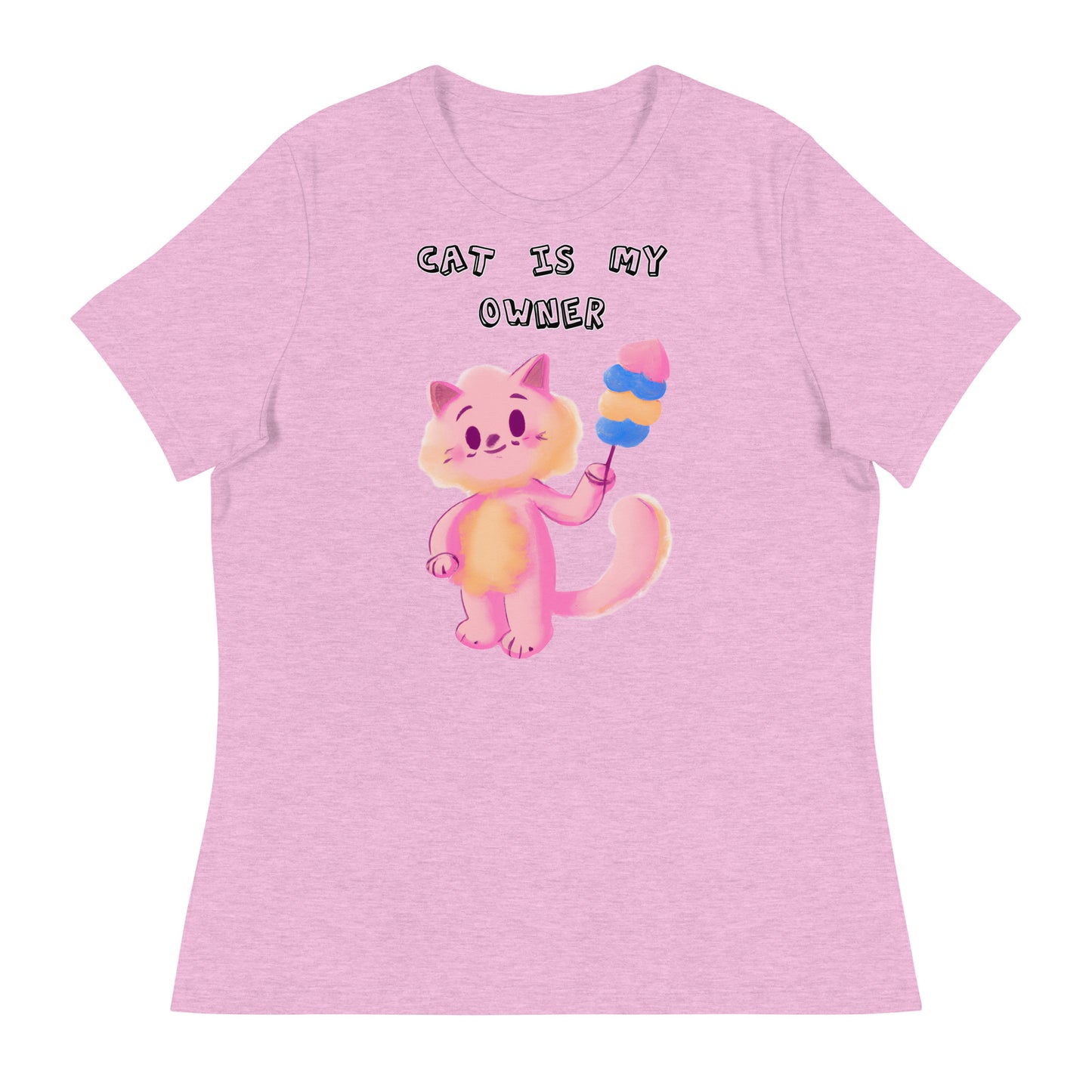 Women's White T-Shirt with Pink Cat With Cotton Candy with a text "Cat Is My Owner" at $25.97 found at Personalizedpetlovergifts