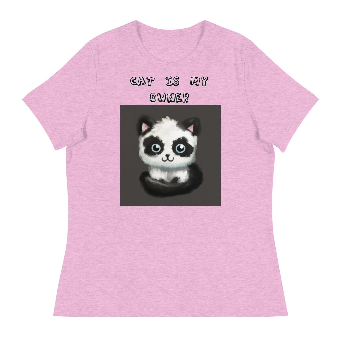 Women's White T-Shirt with Panda Colored Kitten with a text "Cat Is My Owner" at $25.97 found at Personalizedpetlovergifts