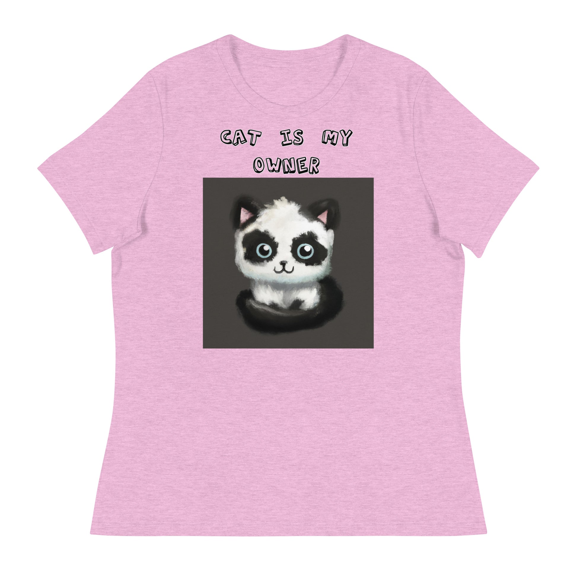 Women's White T-Shirt with Panda Colored Kitten with a text "Cat Is My Owner" at $25.97 found at Personalizedpetlovergifts