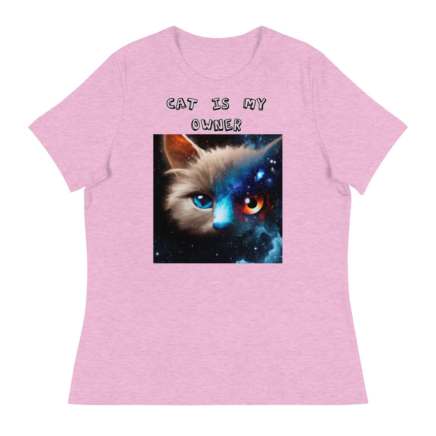 Women's White T-Shirt with Multi Colored Eyed Cat with a text "Cat Is My Owner" at $25.97 found at Personalizedpetlovergifts